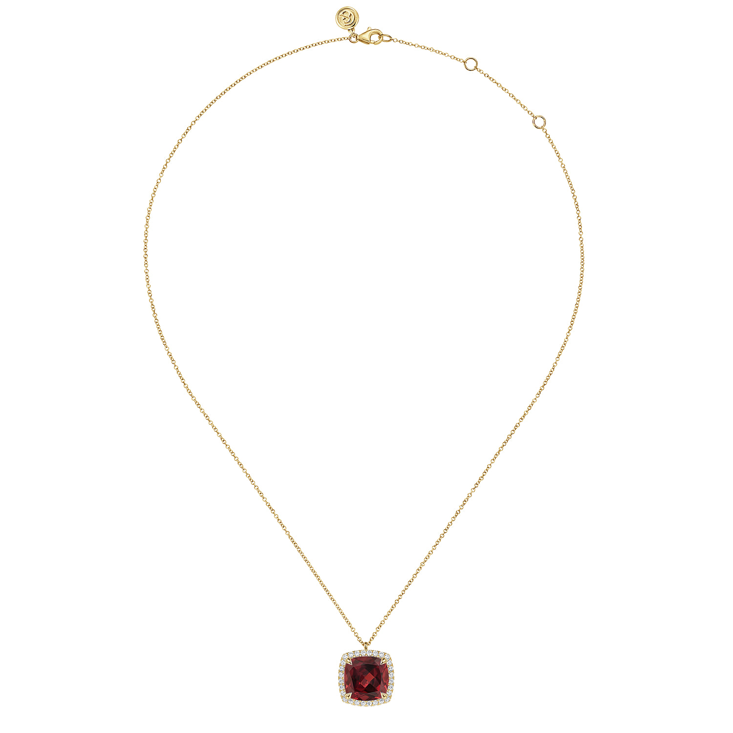 Diamond and Garnet Cushion Cut Necklace With Flower Pattern J-Back in 14K Yellow Gold, photograph 2