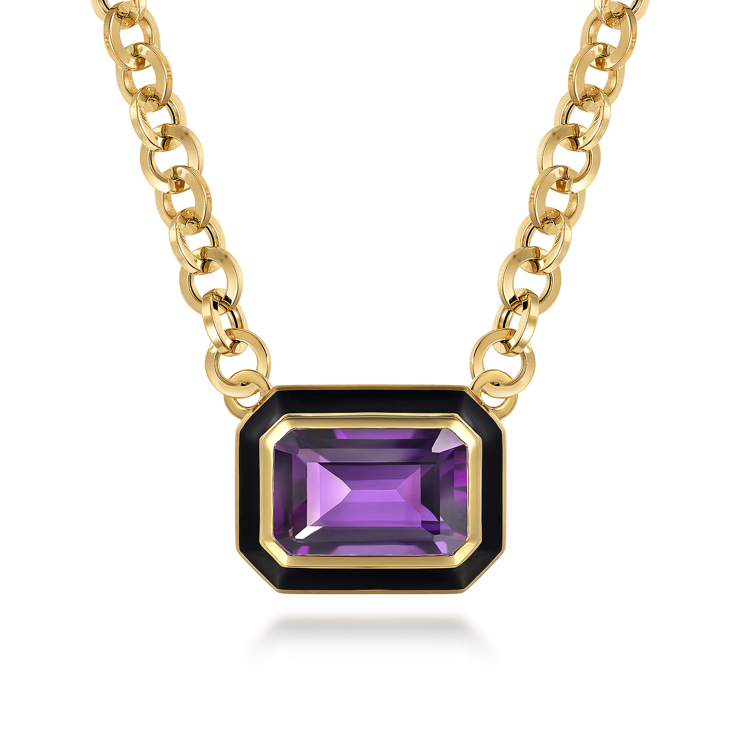 Amethyst Necklace With Flower Pattern J-Back and Black Enamel in 14K Yellow Gold