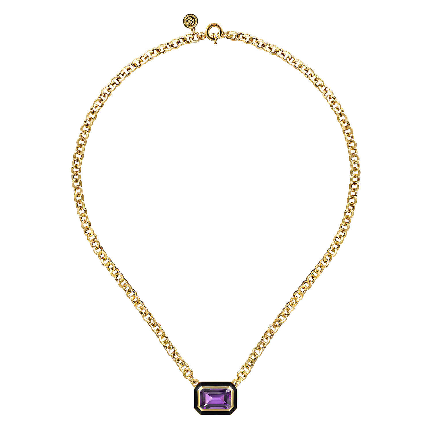 Amethyst Necklace With Flower Pattern J-Back and Black Enamel in 14K Yellow Gold, photograph 2