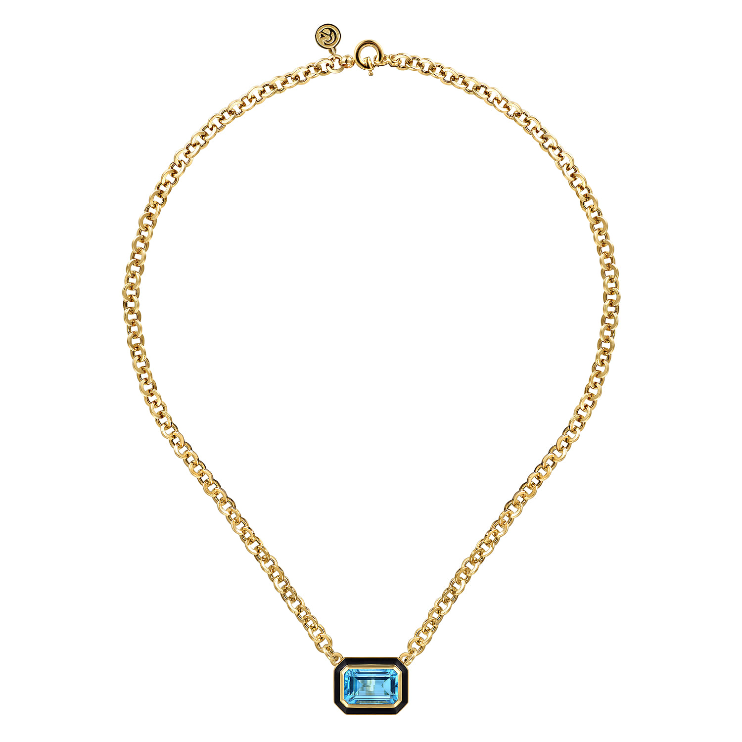 Blue Topaz Necklace With Flower Pattern J-Back and Black Enamel in 14K Yellow Gold, photograph 2