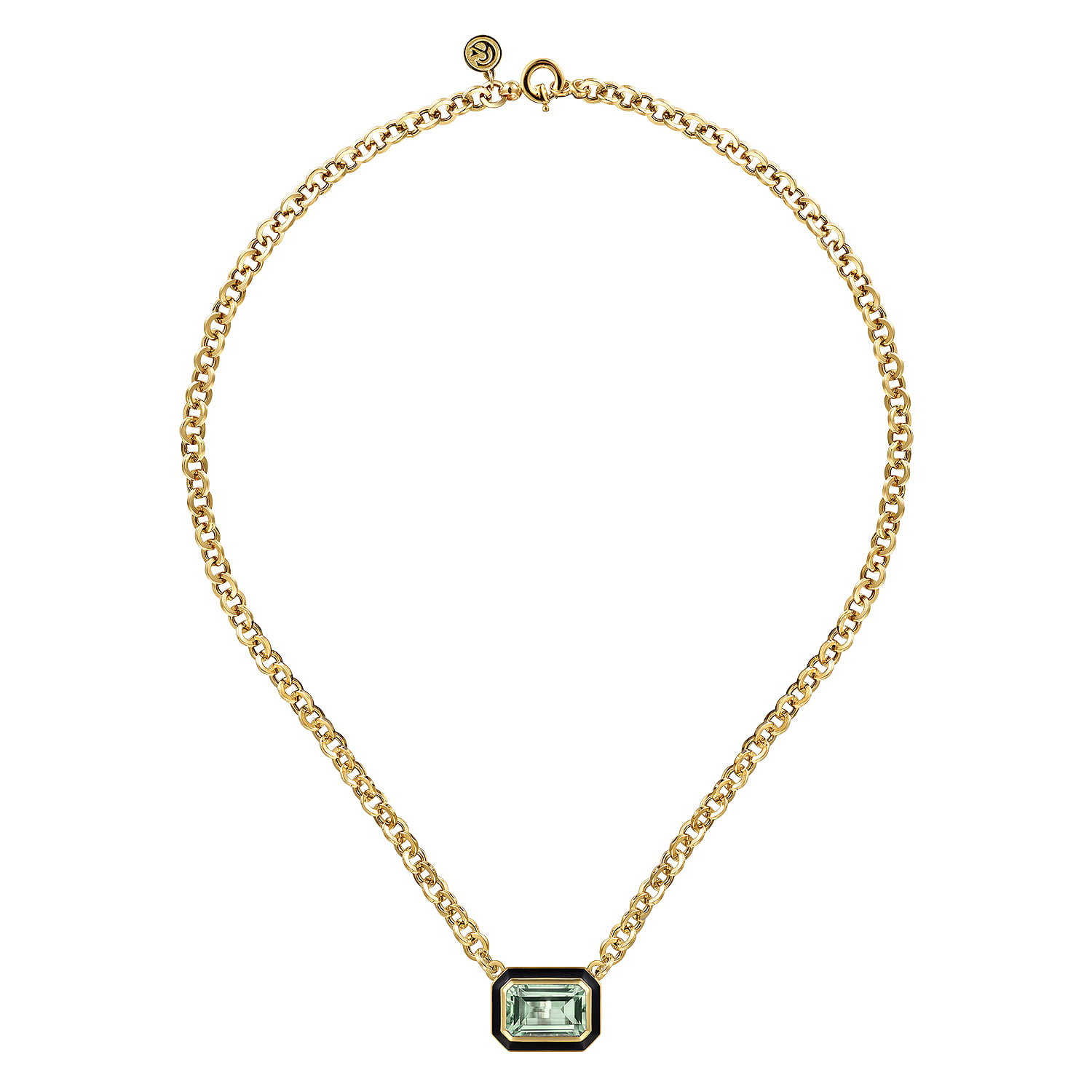 Green Amethyst Necklace With Flower Pattern J-Back and Black Enamel in 14K Yellow Gold, photograph 2