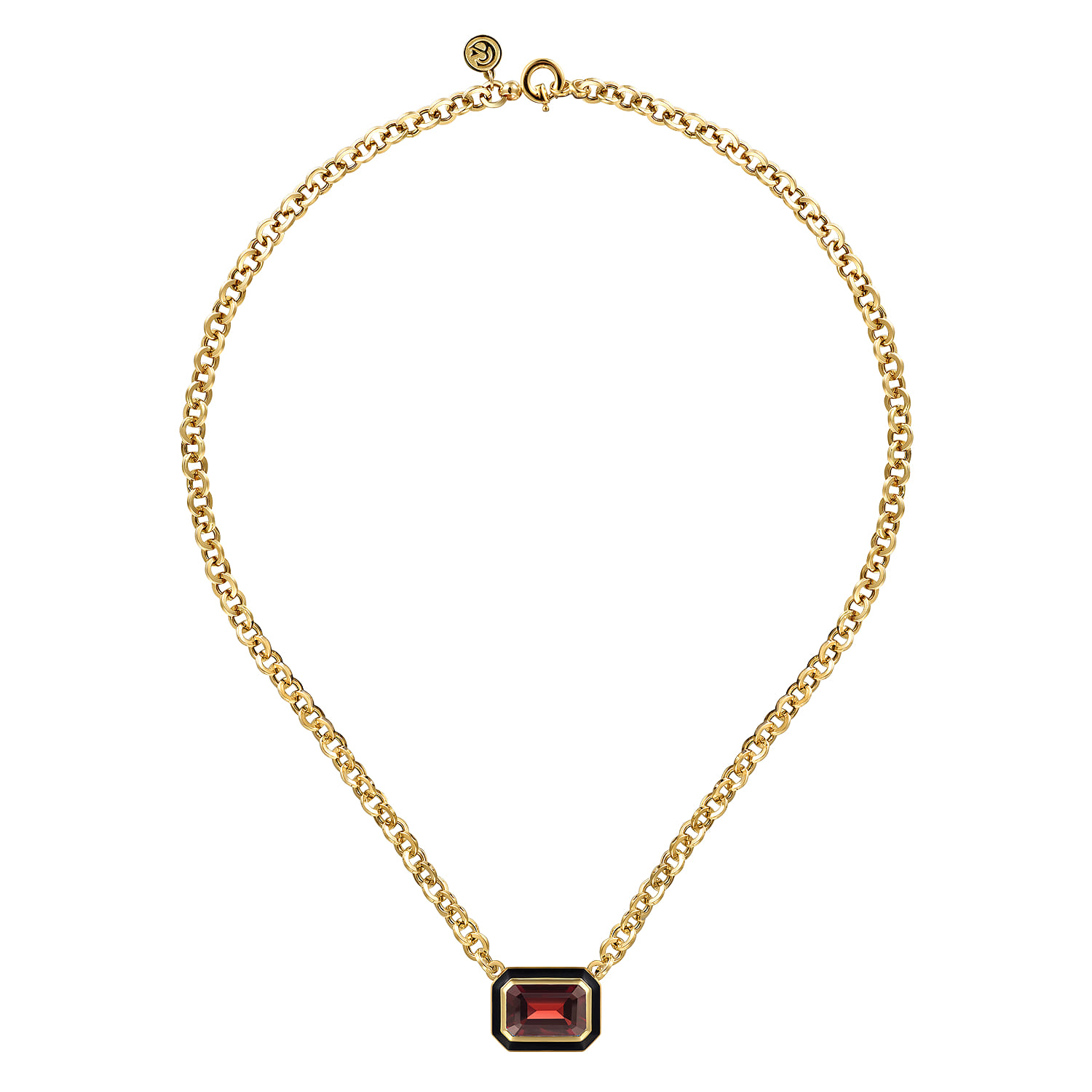 Garnet Necklace With Flower Pattern J-Back and Black Enamel in 14K Yellow Gold, photograph 2