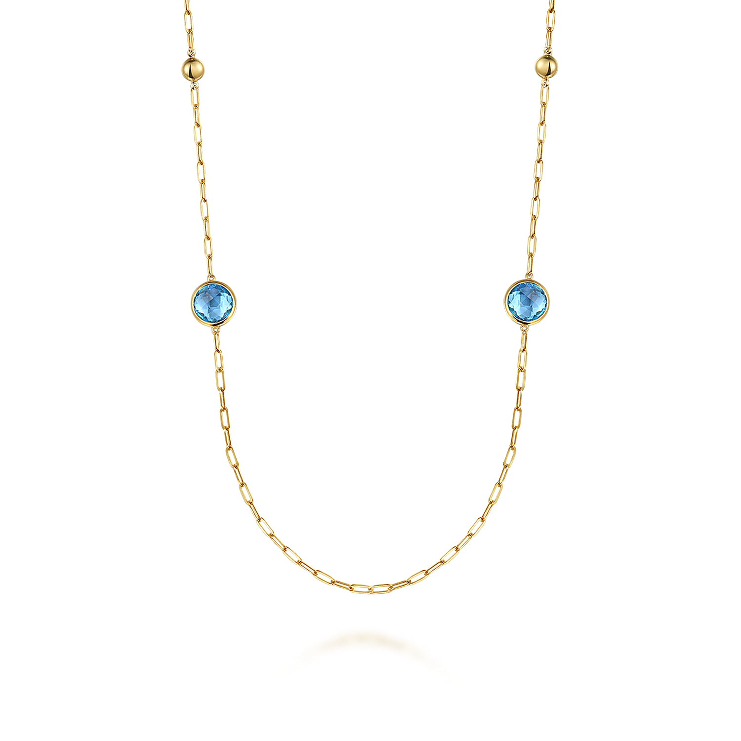Blue Topaz Round Shape Necklace With Four Stations Beads and Bezel Setting