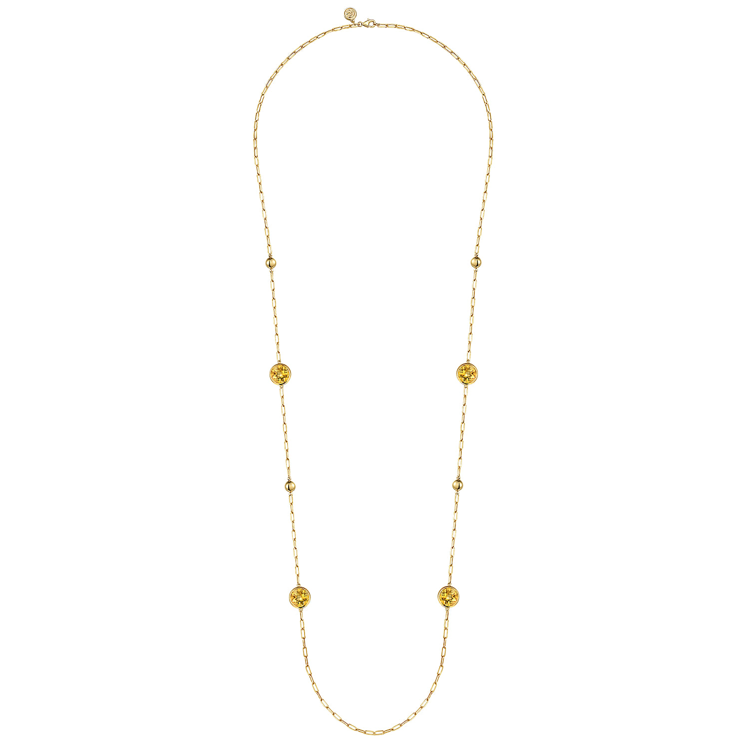 Citrine Round Shape Necklace With Four Stations Beads and Bezel Setting in 14K Yellow Gold, photograph 2