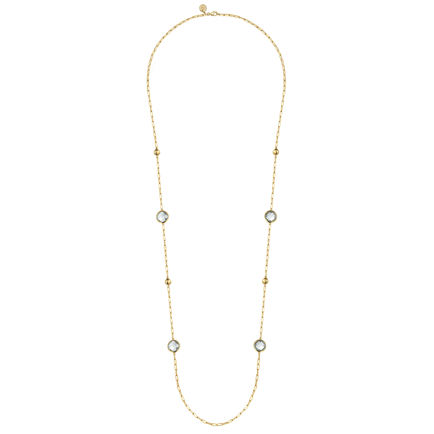 Green Amethyst Round Shape Necklace With Four Stations Beads and Bezel Setting in 14K Yellow Gold, photograph 2