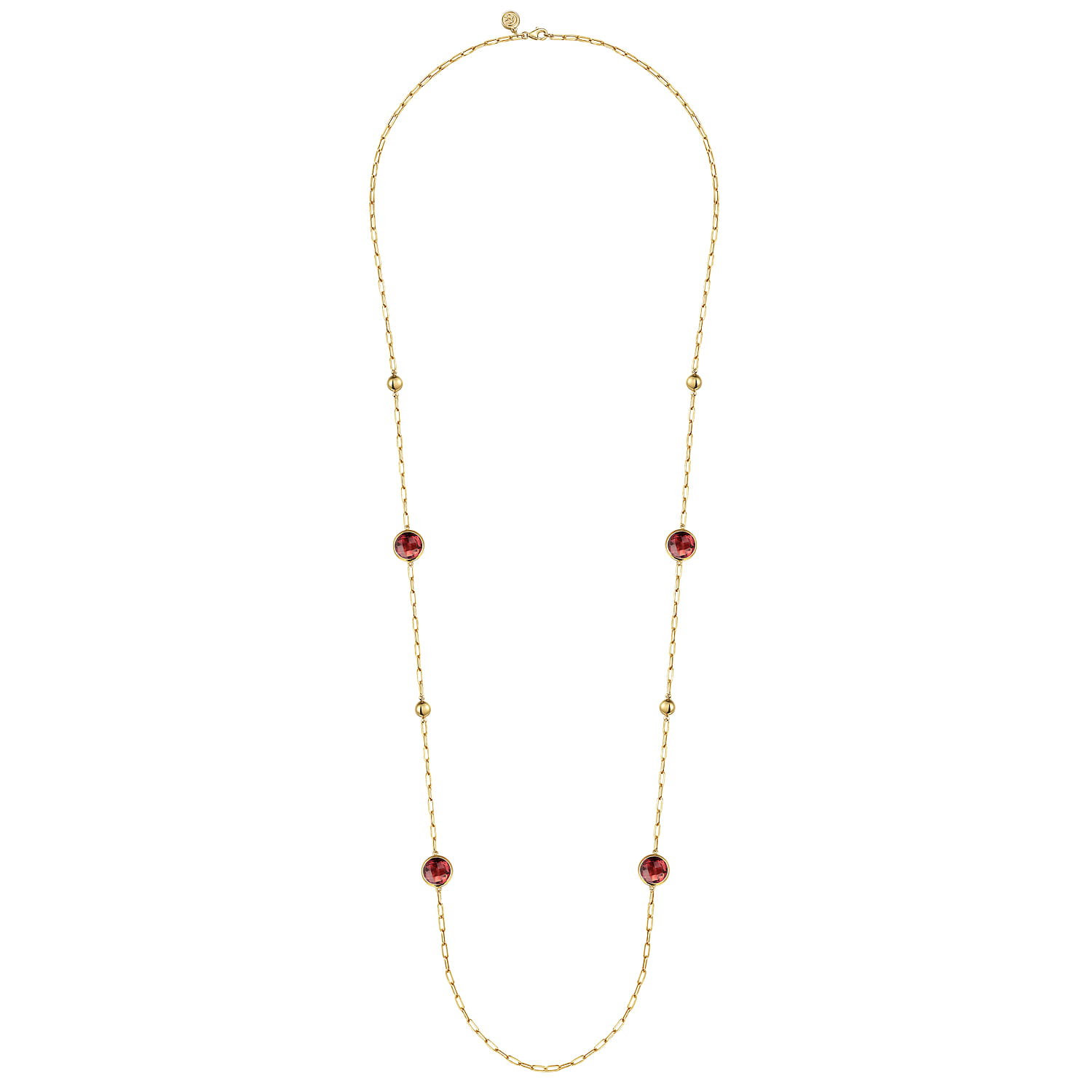 Garnet Round Shape Necklace With Four Stations Beads and Bezel Setting in 14K Yellow Gold, photograph 2
