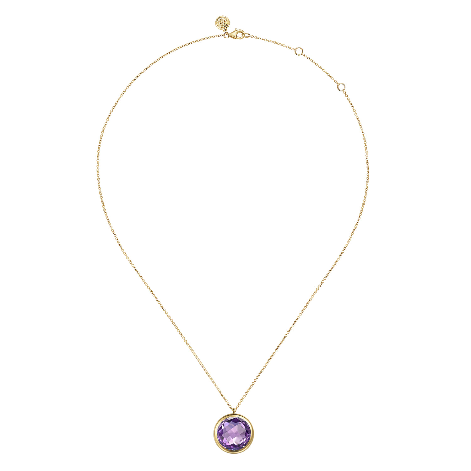 Amethyst Round Shape Necklace With Flower Pattern J-Back in 14K Yellow Gold, photograph 2