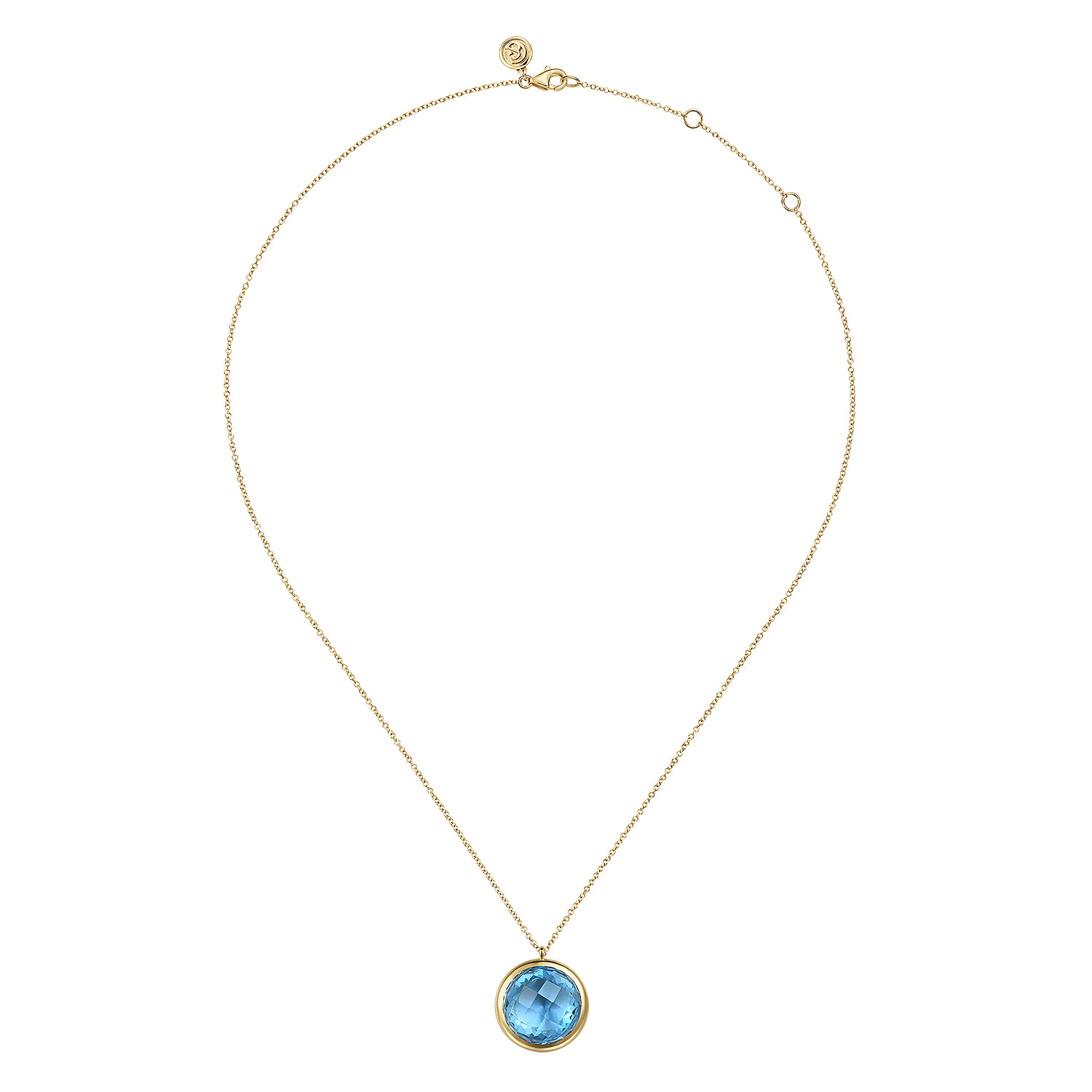 Blue Topaz Round Shape Necklace With Flower Pattern J-Back in 14K Yellow Gold, photograph 2