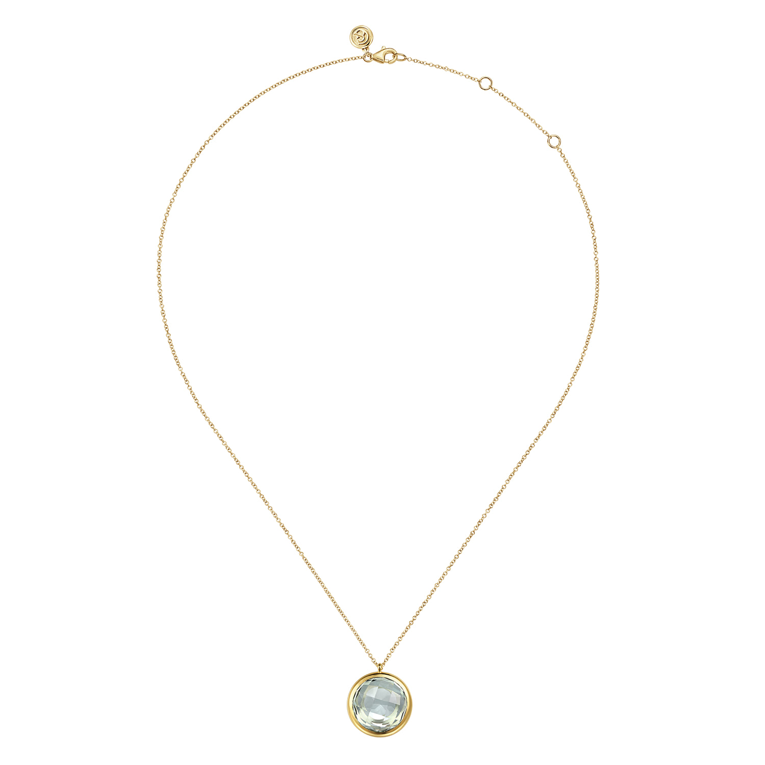 Green Amethyst Round Shape Necklace With Flower Pattern J-Back in 14K Yellow Gold, photograph 2
