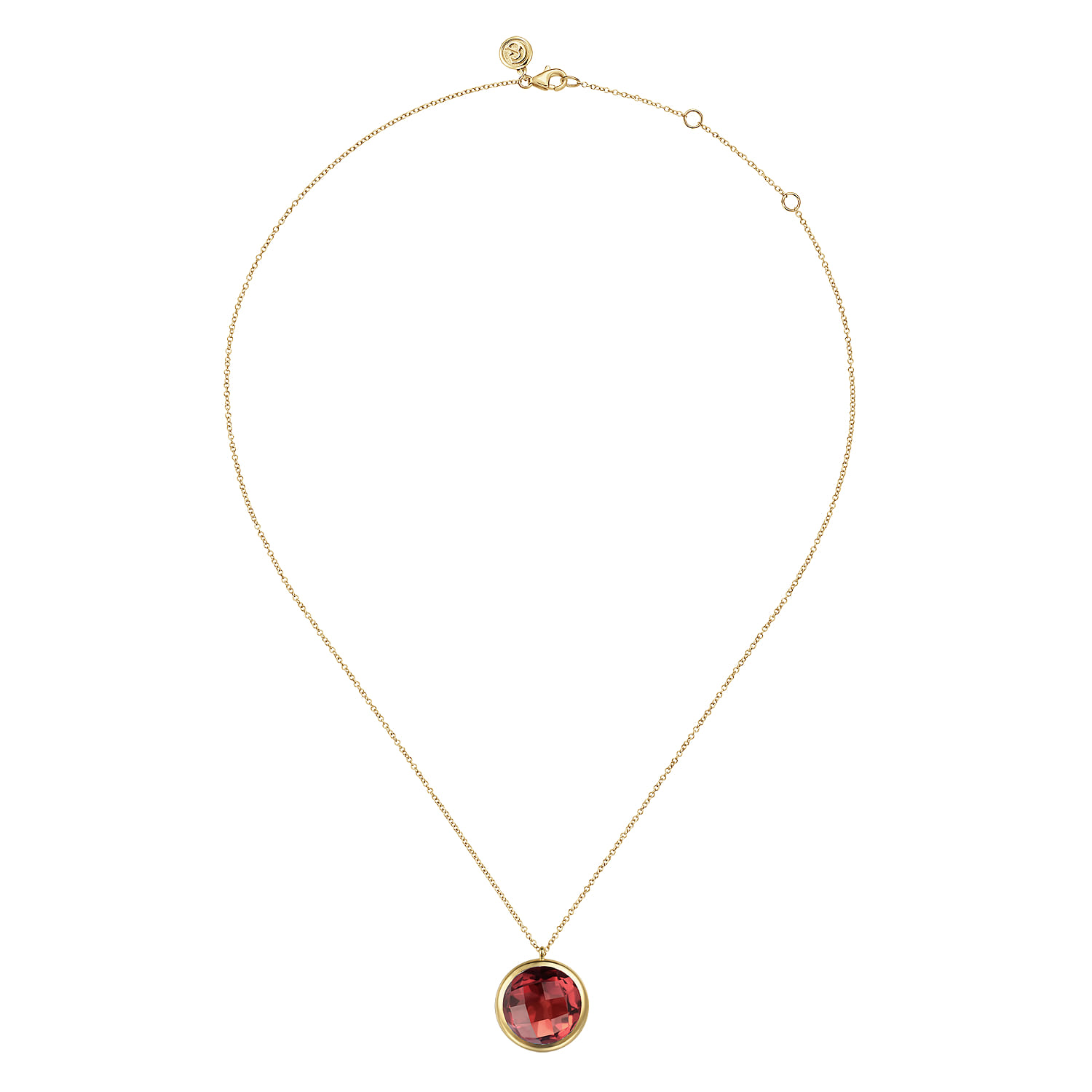Garnet Round Shape Necklace With Flower Pattern J-Back in 14K Yellow Gold, photograph 2