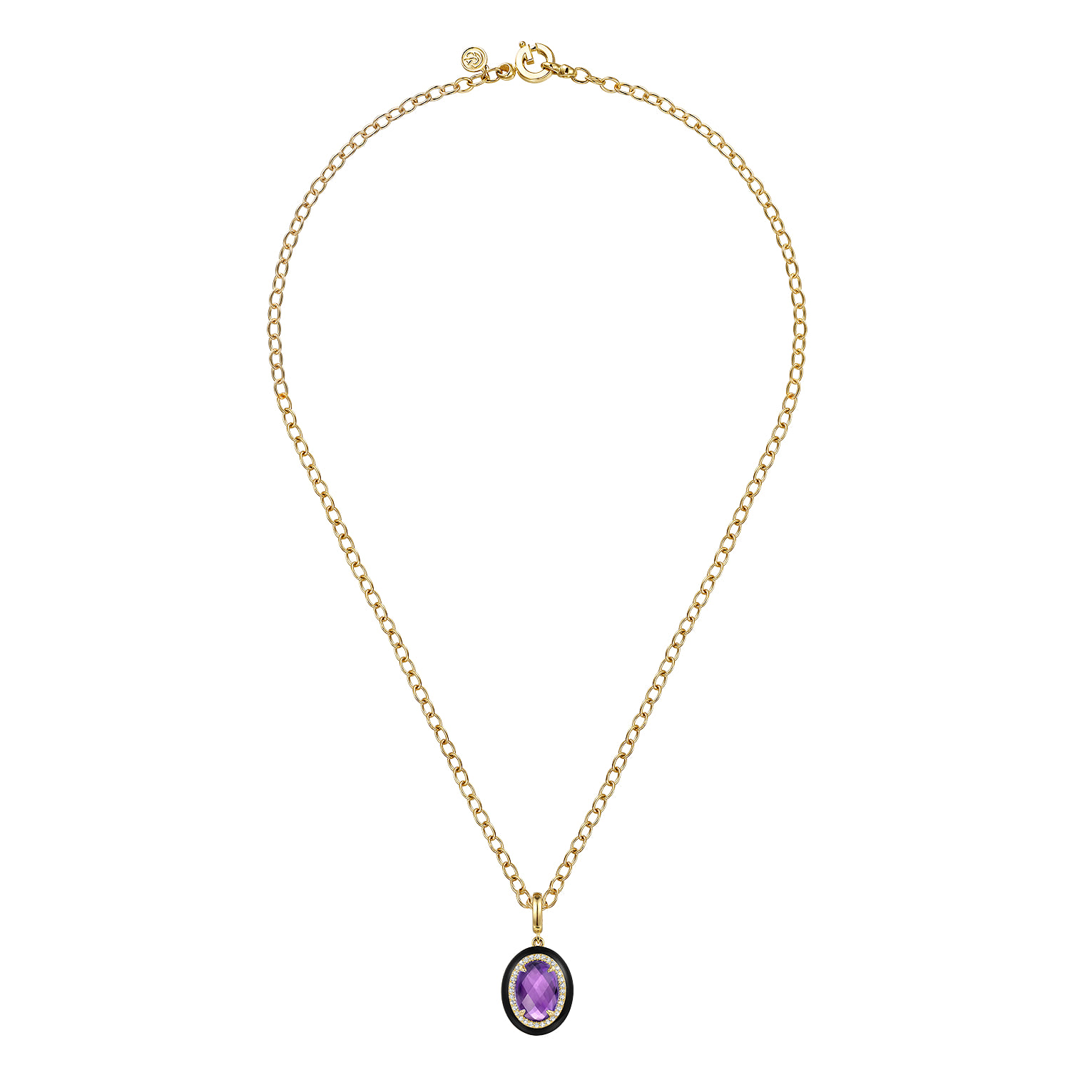 Diamond and Oval Shape Amethyst Necklace With Flower Pattern J-Back and Black Enamel in 14K Yellow Gold, photograph 2