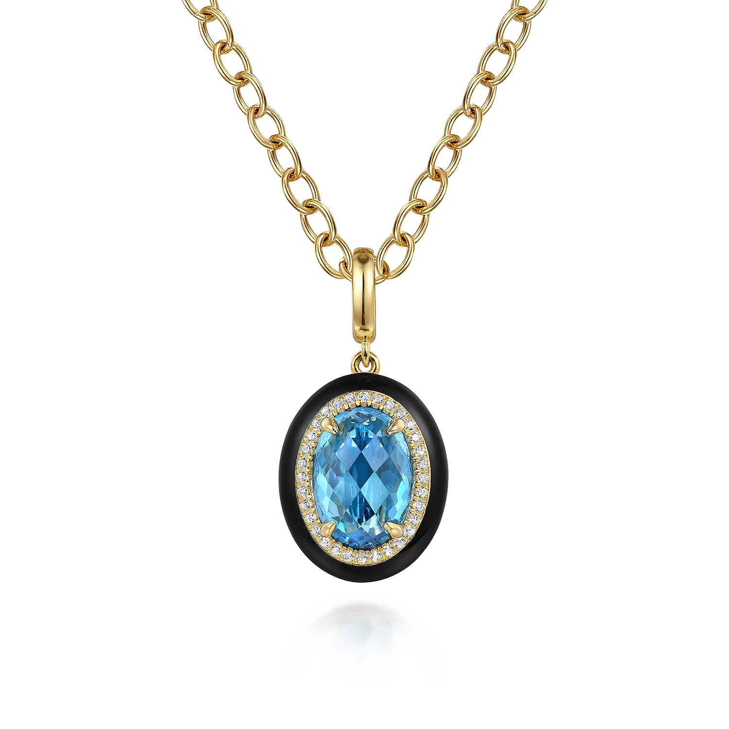 Diamond and Oval Shape Blue Topaz Necklace With Flower Pattern J-Back and Black Enamel in 14K Yellow Gold
