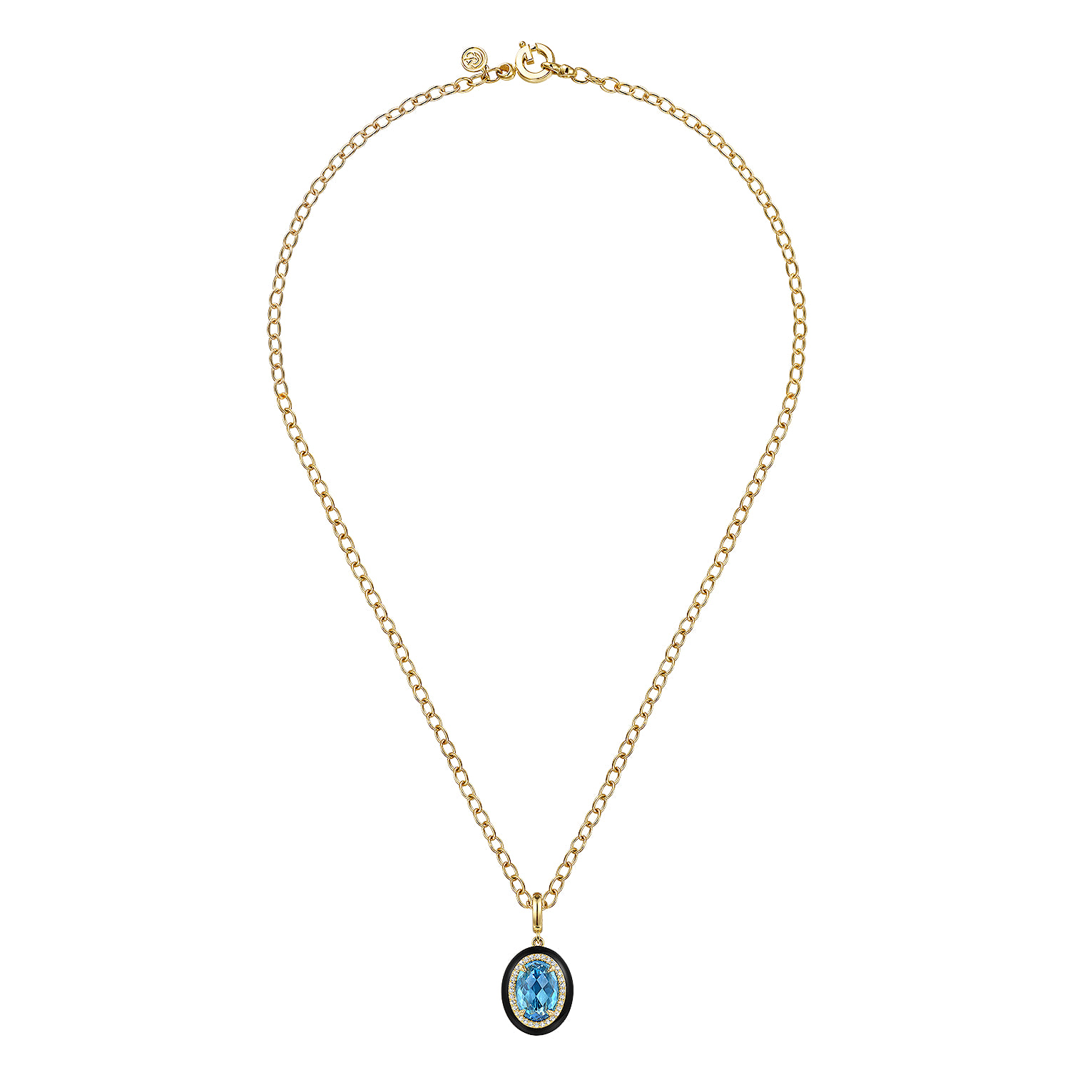 Diamond and Oval Shape Blue Topaz Necklace With Flower Pattern J-Back and Black Enamel in 14K Yellow Gold, photograph 2