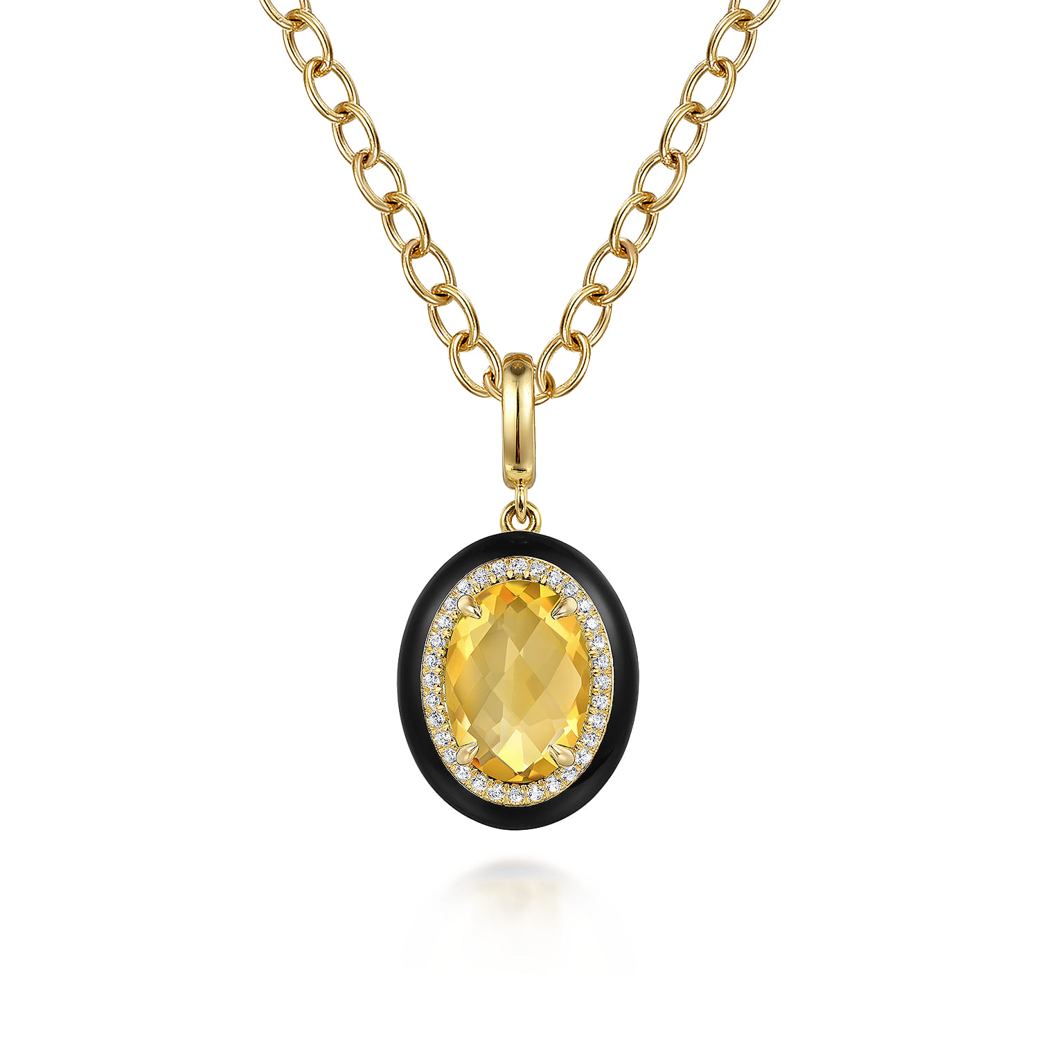 Diamond and Oval Shape Citrine Necklace With Flower Pattern J-Back and Black Enamel