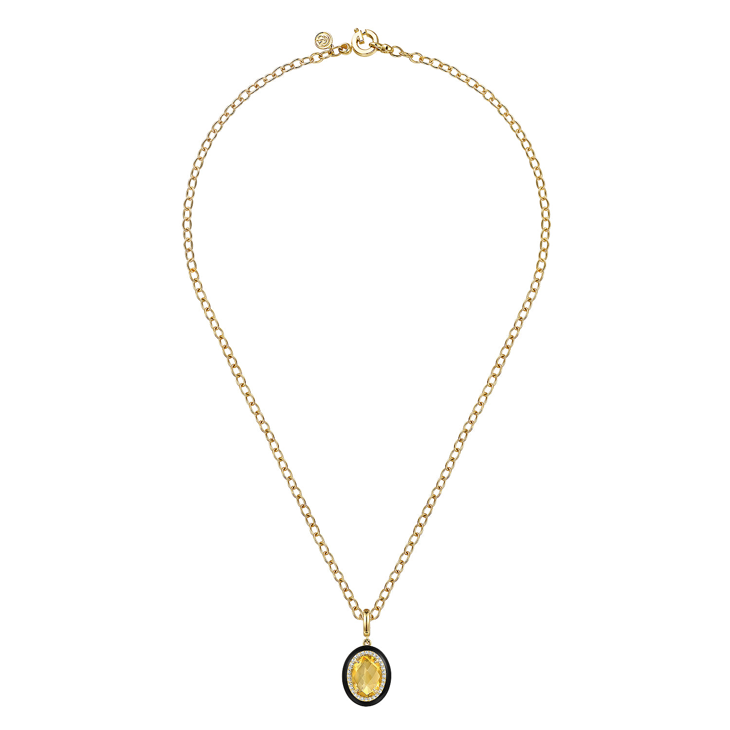 Diamond and Oval Shape Citrine Necklace With Flower Pattern J-Back and Black Enamel in 14K Yellow Gold, photograph 2