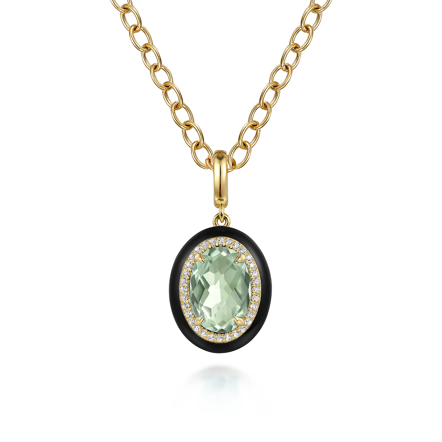 Diamond and Oval Shape Green Amethyst Necklace With Flower Pattern J-Back and Black Enamel