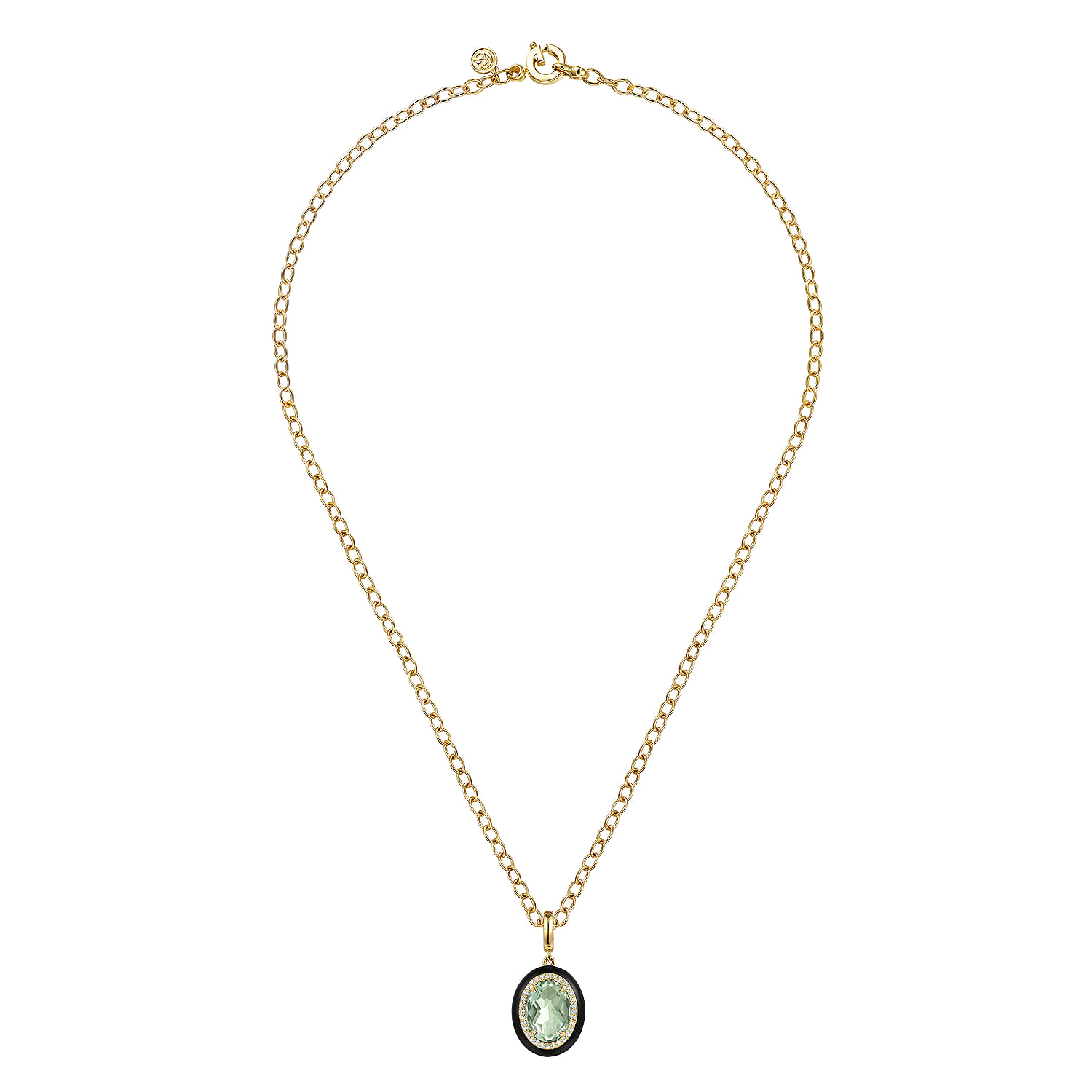 Diamond and Oval Shape Green Amethyst Necklace With Flower Pattern J-Back and Black Enamel in 14K Yellow Gold, photograph 2