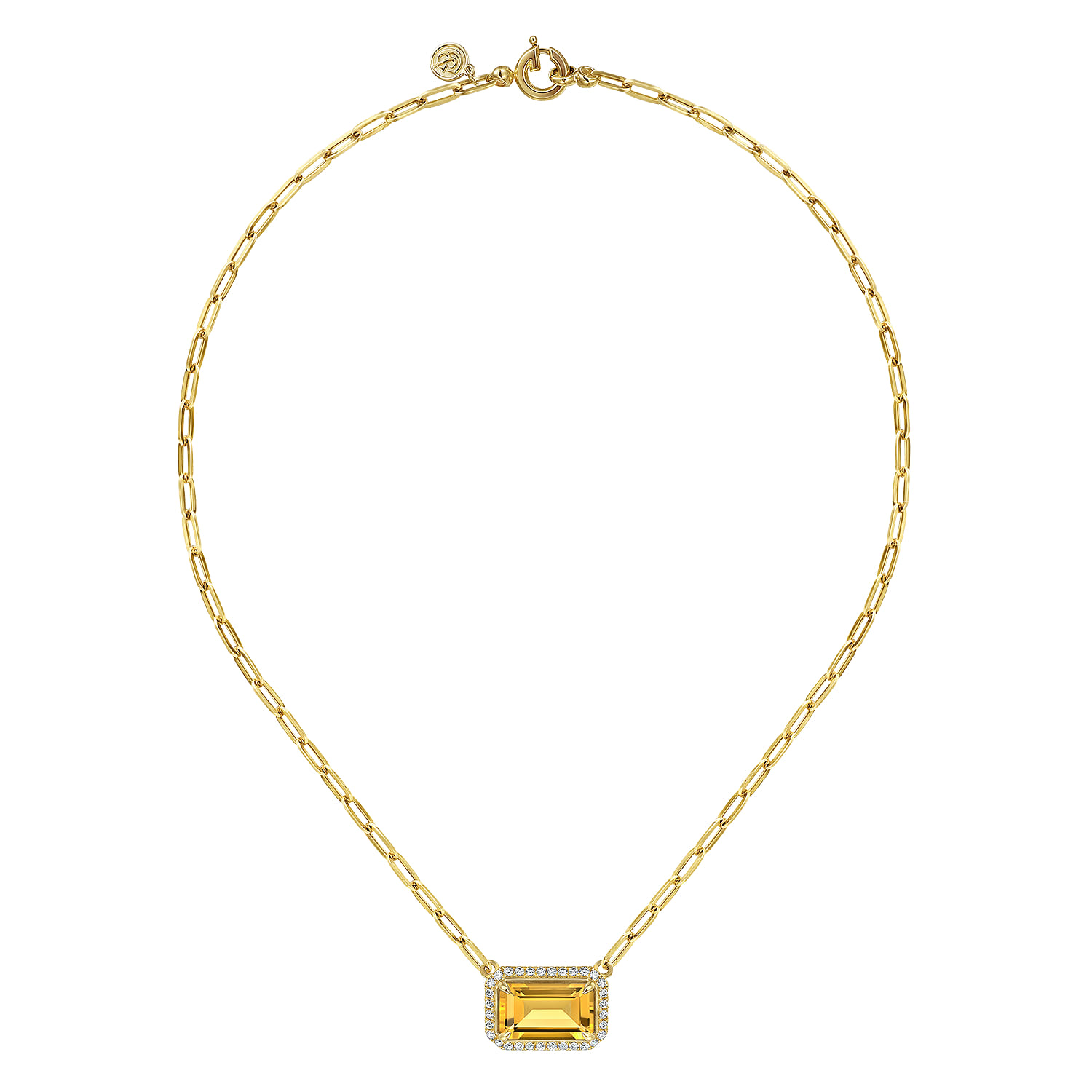 Diamond and Citrine Emerald Cut Necklace With Flower Pattern Gallery in 14K Yellow Gold, photograph 2