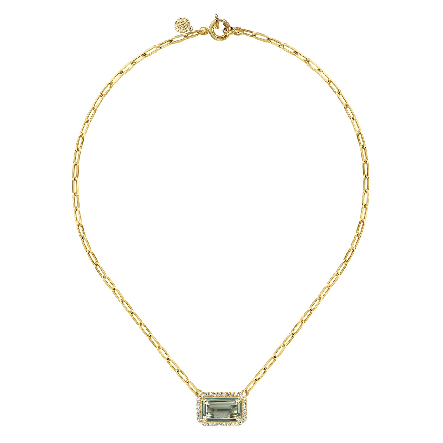 Diamond and Green Amethyst Emerald Cut Necklace With Flower Pattern Gallery in 14K Yellow Gold, photograph 2