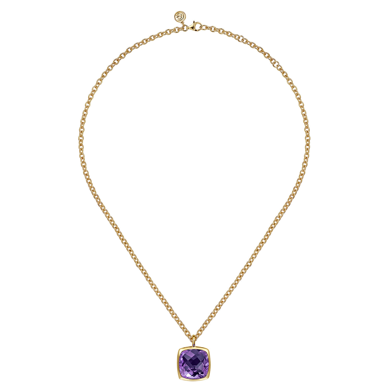Cushion Cut Amethyst Necklace With Flower Pattern J-Back and Bezel Setting in 14K Yellow Gold, photograph 2
