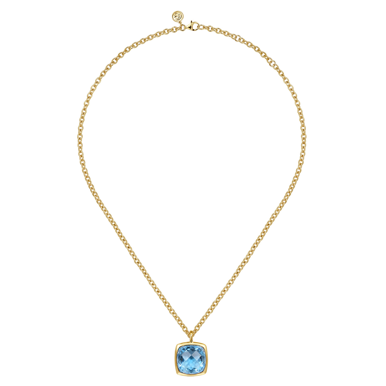 Cushion Cut Blue Topaz Necklace With Flower Pattern J-Back and Bezel Setting in 14K Yellow Gold, photograph 2