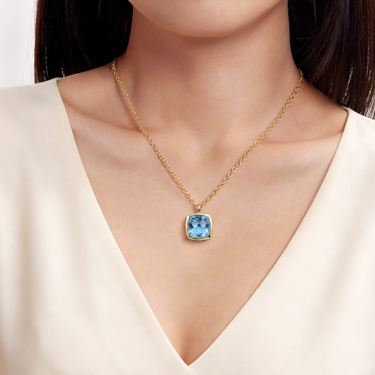 Cushion Cut Blue Topaz Necklace With Flower Pattern J-Back and Bezel Setting in 14K Yellow Gold, photograph 3