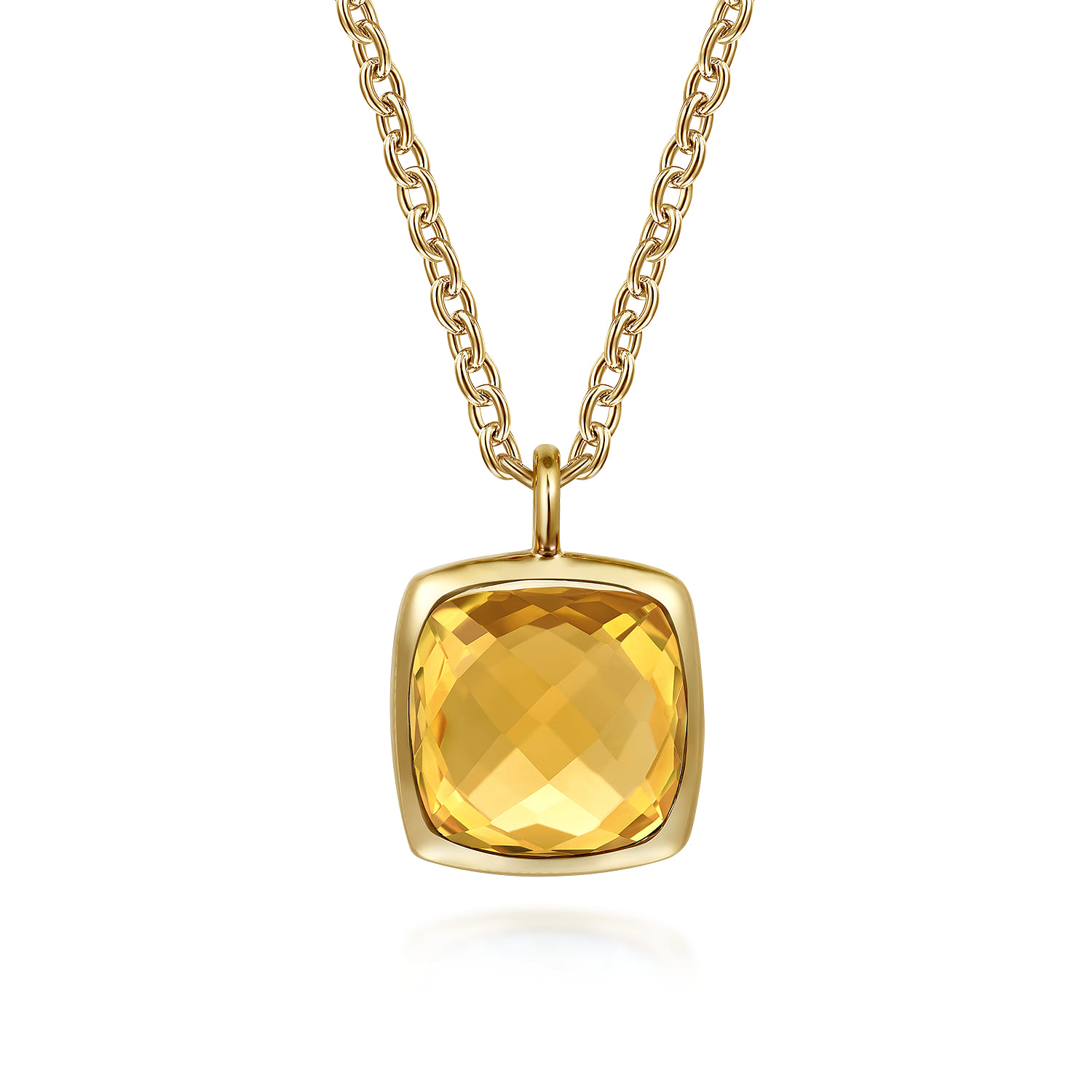 Cushion Cut Citrine Necklace With Flower Pattern J-Back and Bezel Setting