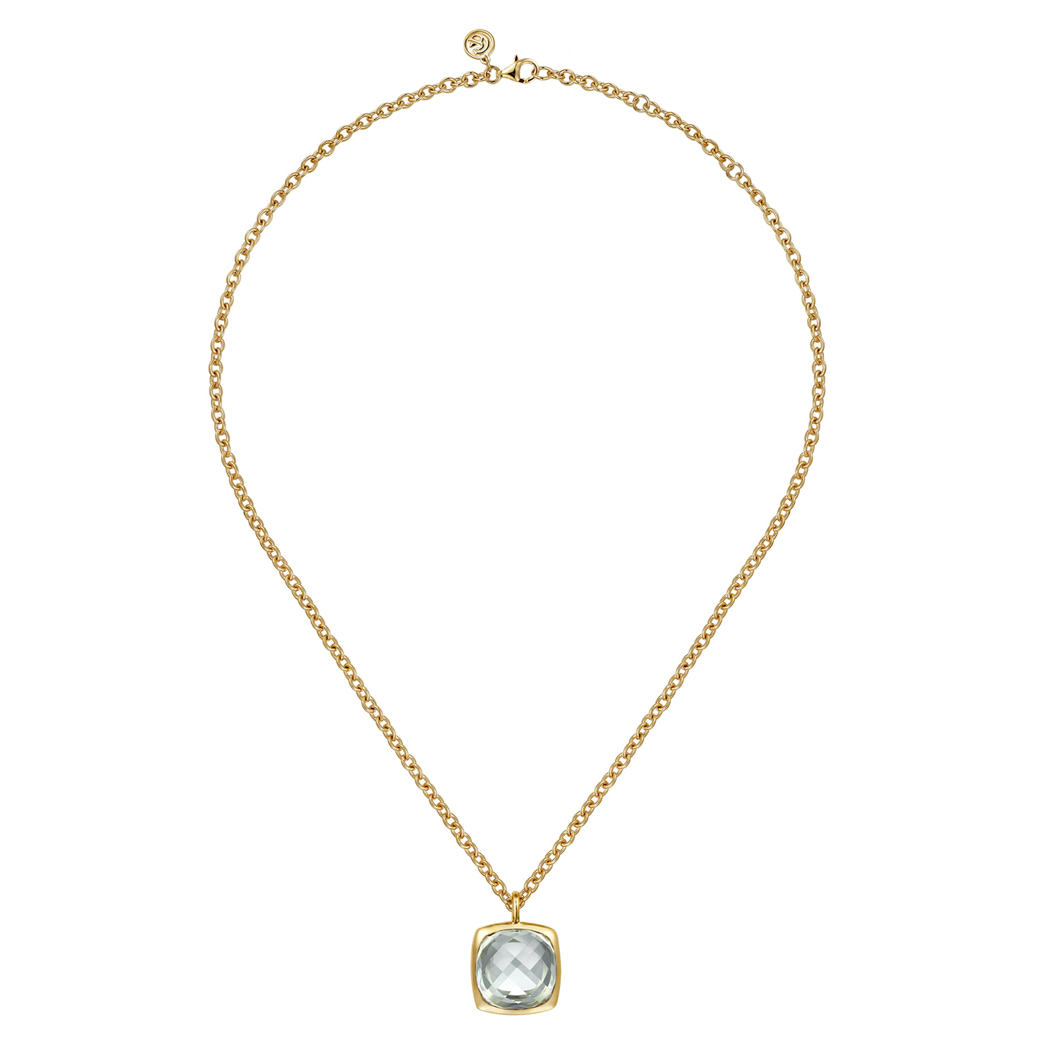 Cushion Cut Green Amethyst Necklace With Flower Pattern J-Back and Bezel Setting in 14K Yellow Gold, photograph 2