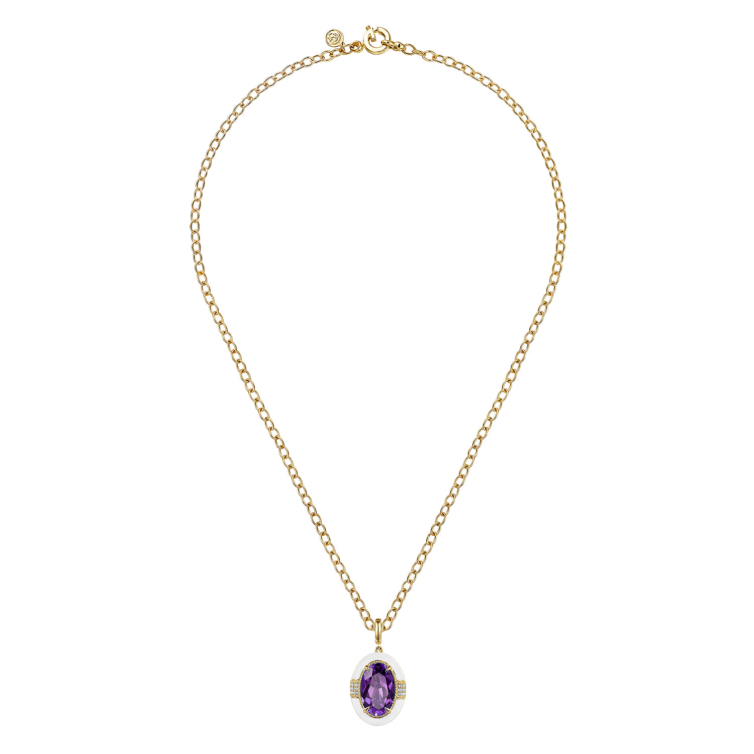 Diamond and Amethyst Y-Layer Necklace With Flower Pattern J-Back and White Enamel in 14K Yellow Gold, photograph 2