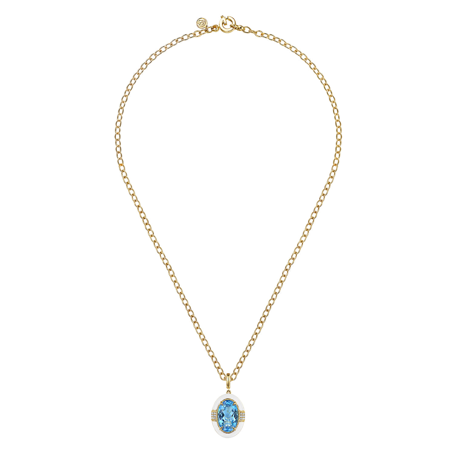 Diamond and Blue Topaz Oval Shape Necklace With Flower Pattern J-Back and White Enamel in 14K Yellow Gold, photograph 2