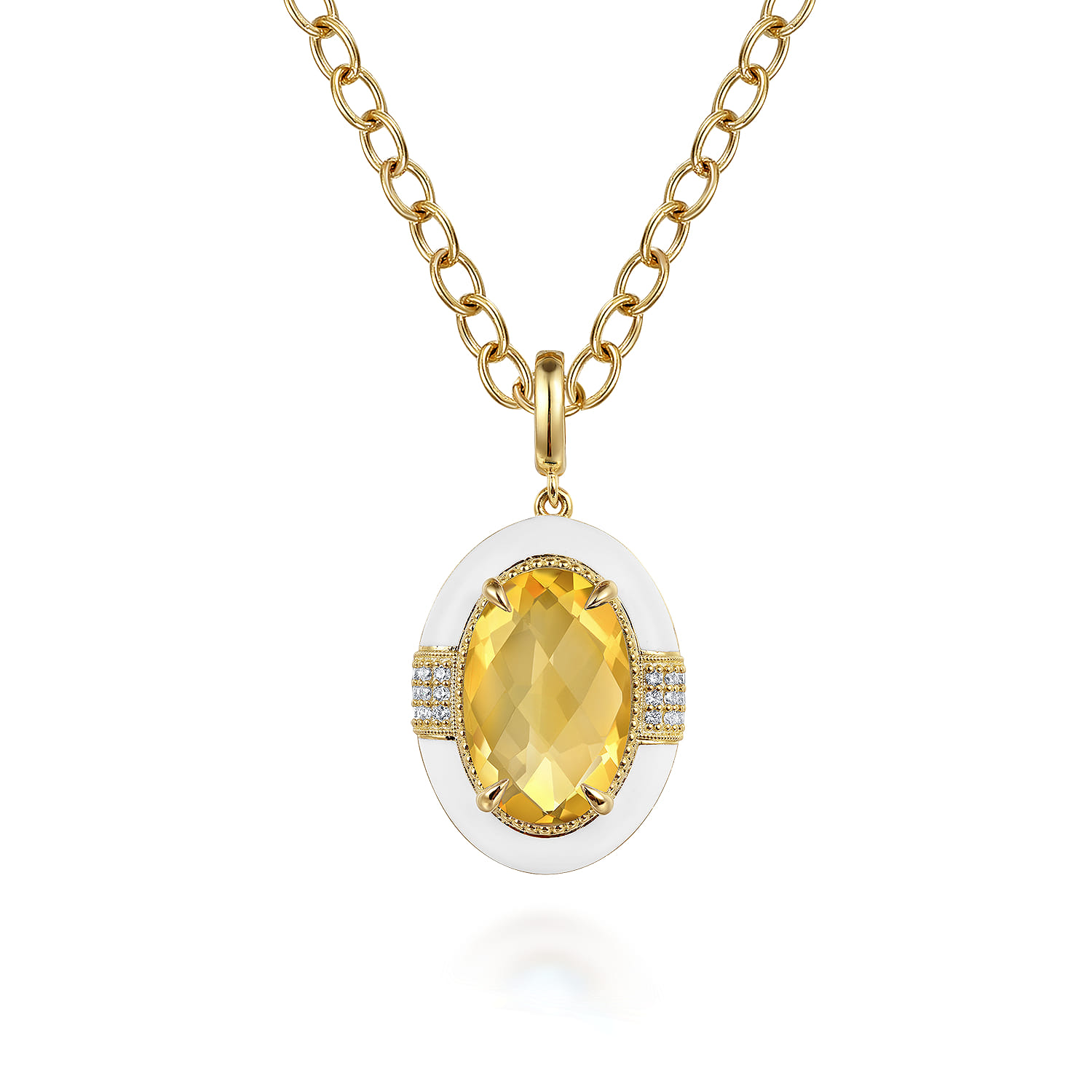 Diamond and Citrine Y-Layer Necklace With Flower Pattern J-Back and White Enamel