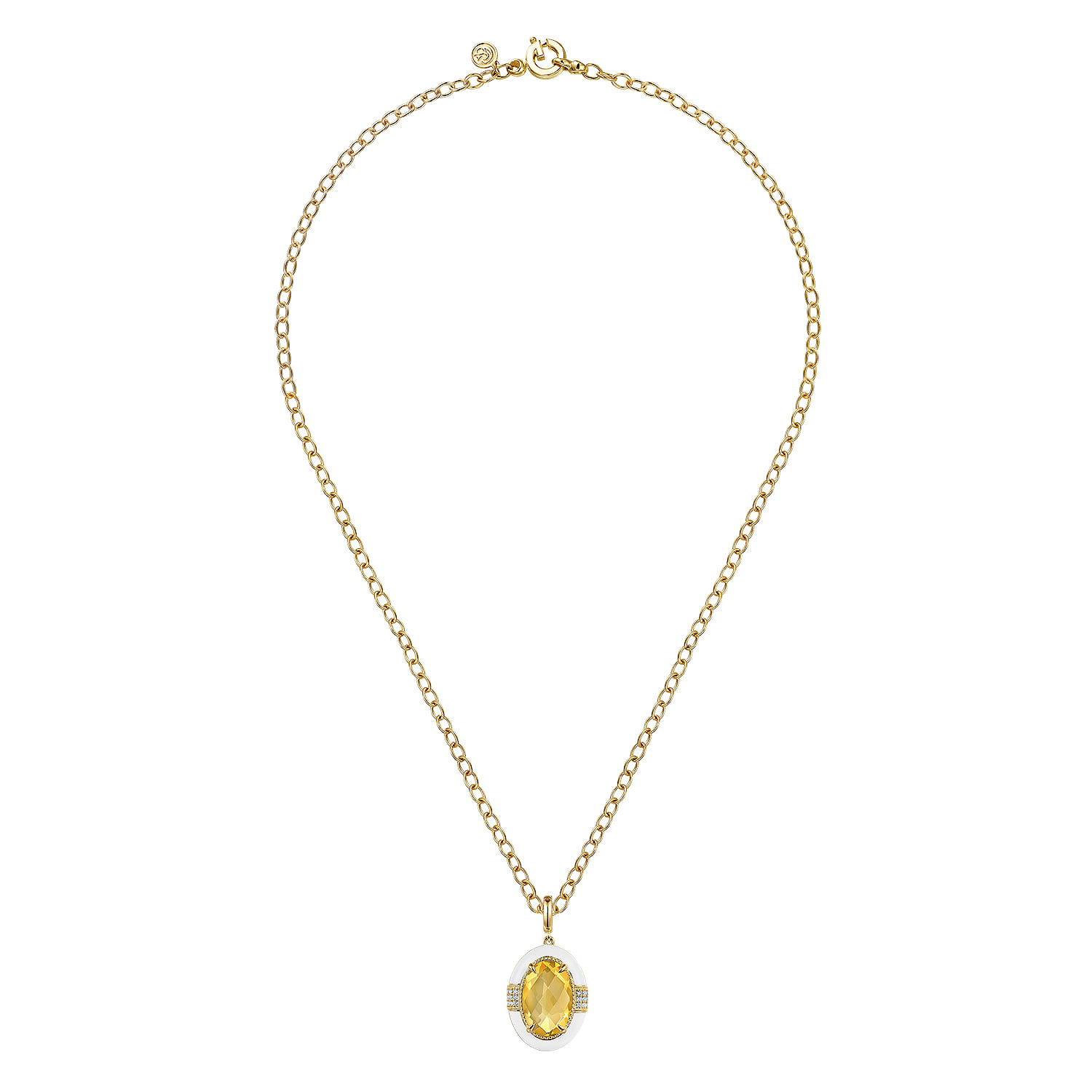 Diamond and Citrine Y-Layer Necklace With Flower Pattern J-Back and White Enamel in 14K Yellow Gold, photograph 2