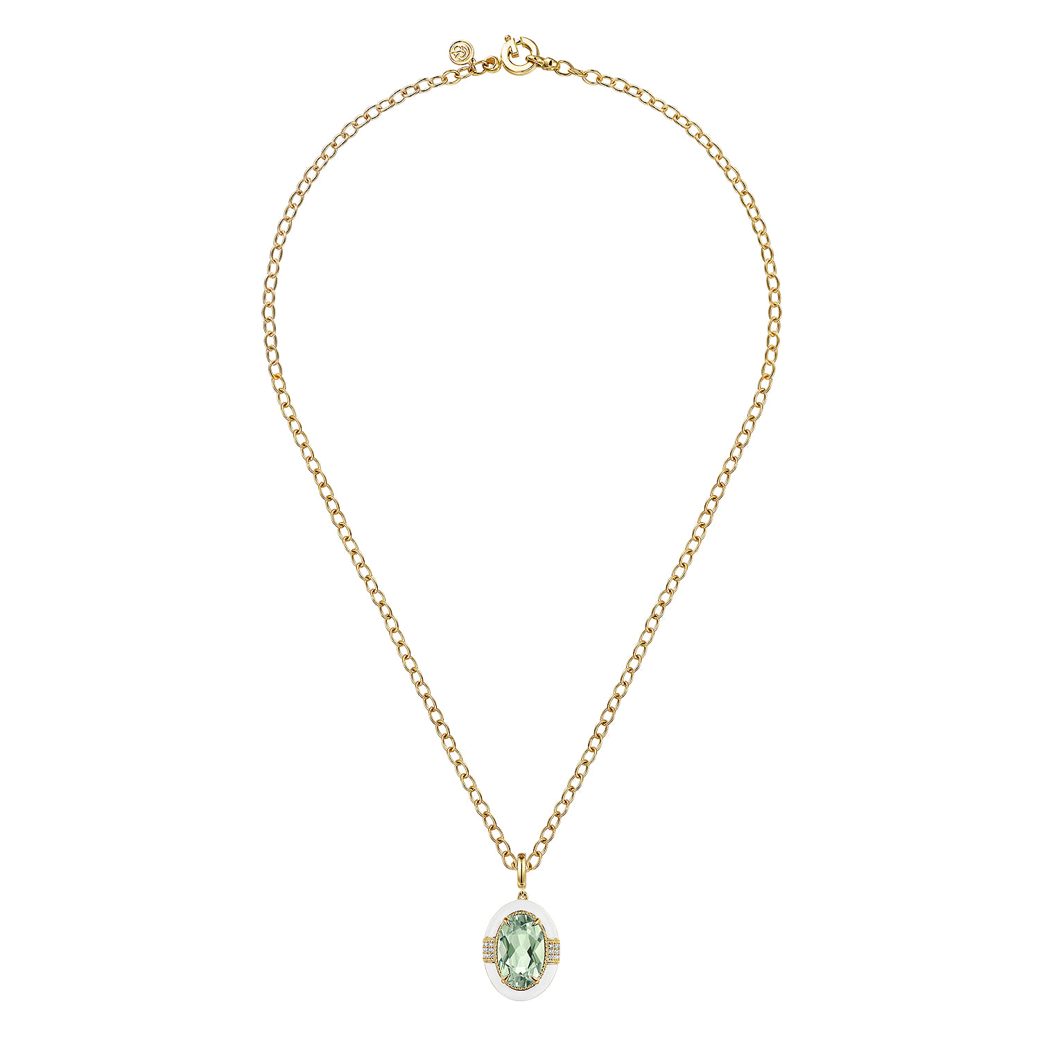 Diamond and Green Amethyst Y-Layer Necklace With Flower Pattern J-Back and White Enamel in 14K Yellow Gold, photograph 2