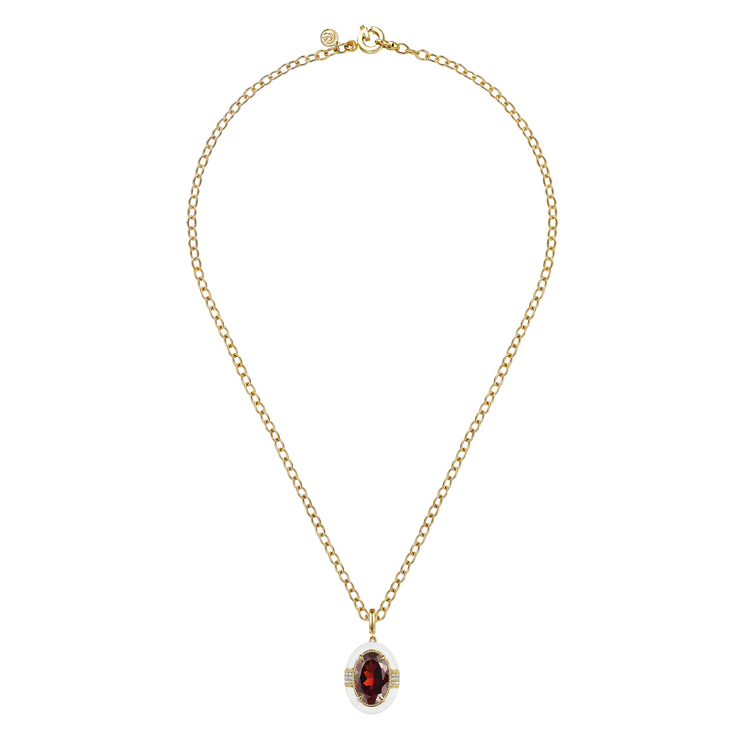 Diamond and Garnet Y-Layer Necklace With Flower Pattern J-Back and White Enamel in 14K Yellow Gold, photograph 2