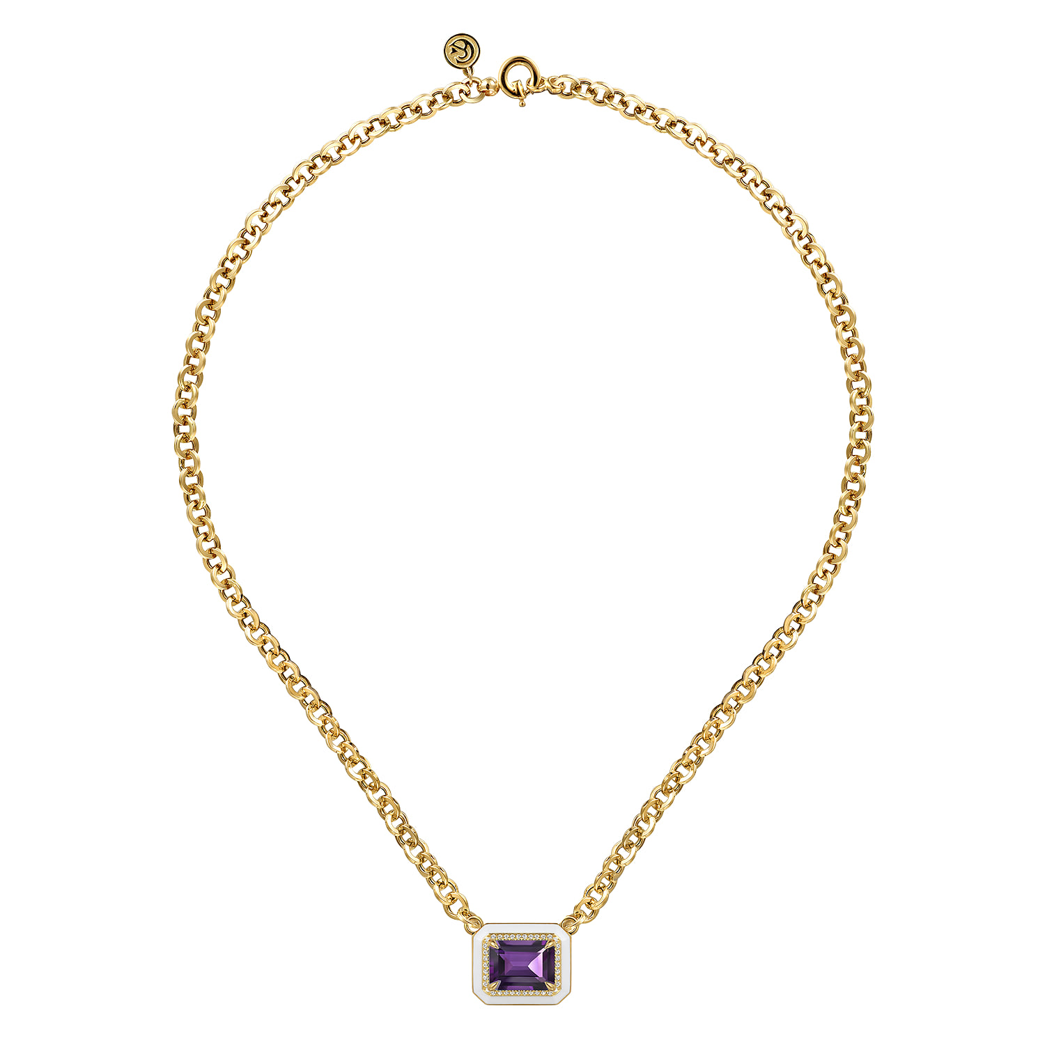 Diamond and Amethyst Necklace With Flower Pattern J-Back and White Enamel in 14K Yellow Gold, photograph 2