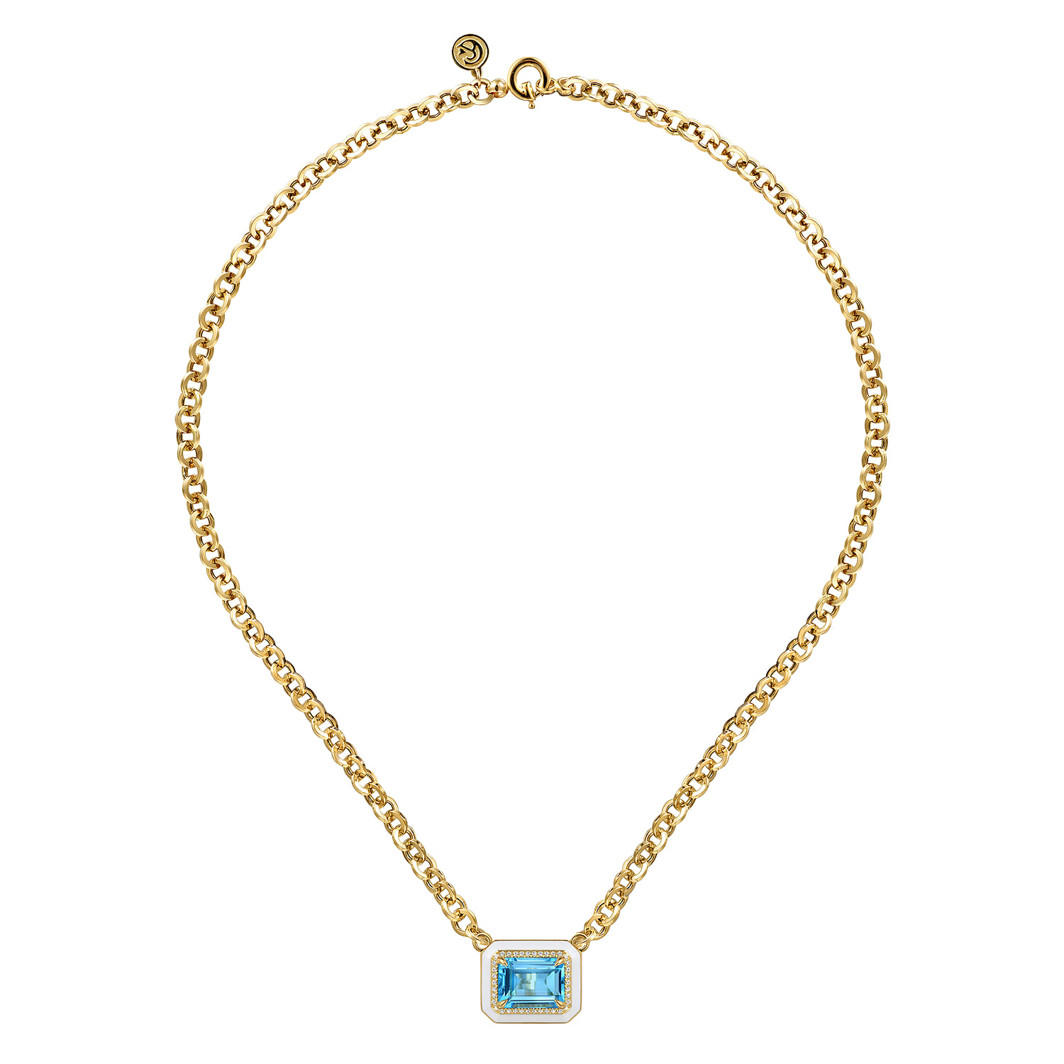 Diamond and Blue Topaz Necklace With Flower Pattern J-Back and White Enamel in 14K Yellow Gold, photograph 2