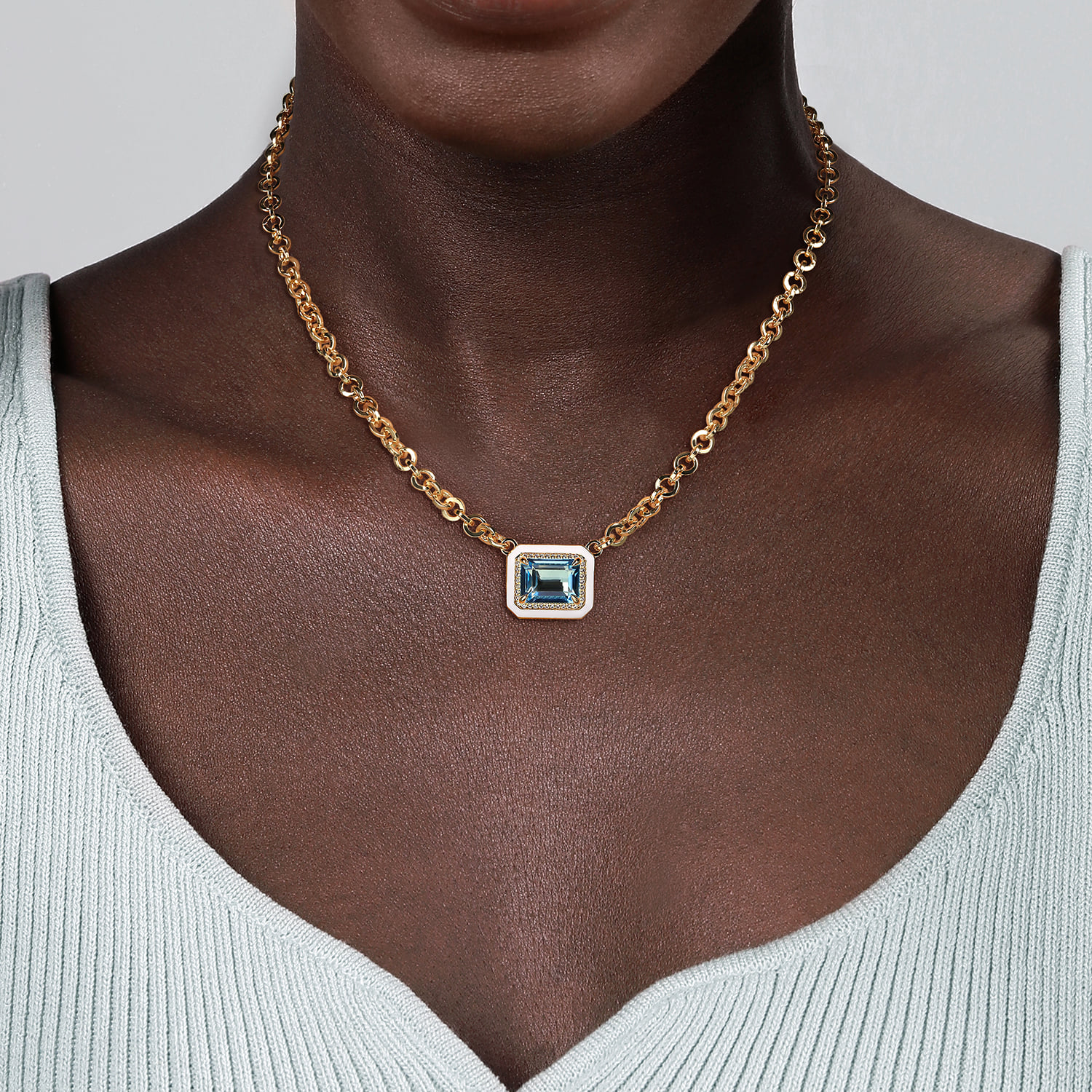 Diamond and Blue Topaz Necklace With Flower Pattern J-Back and White Enamel in 14K Yellow Gold, photograph 3