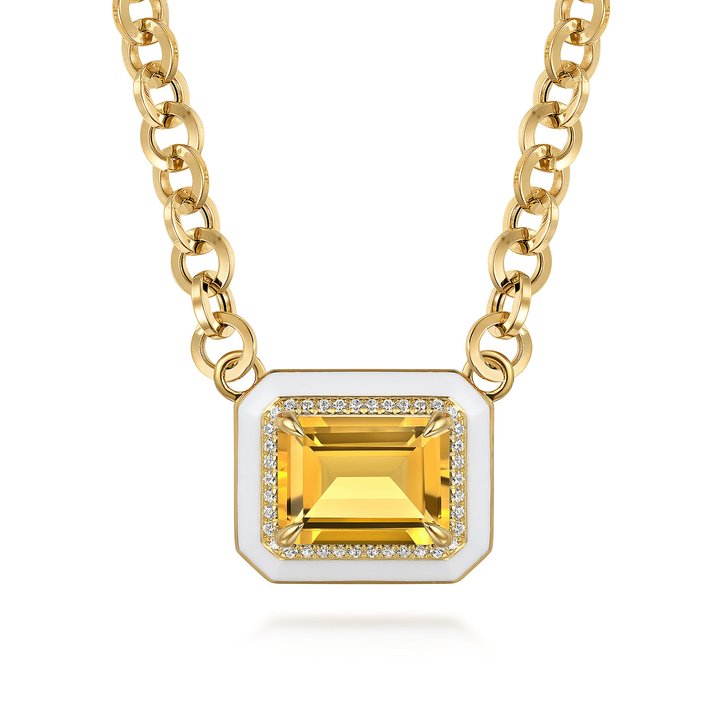 Diamond and Citrine Necklace With Flower Pattern J-Back and White Enamel