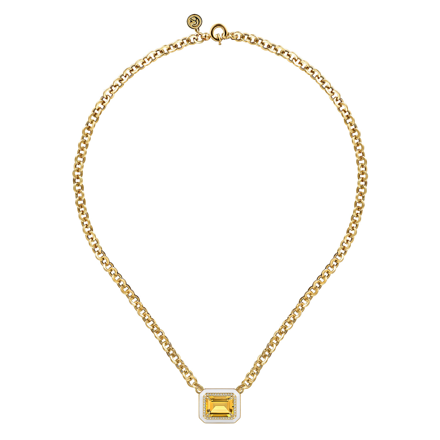 Diamond and Citrine Necklace With Flower Pattern J-Back and White Enamel in 14K Yellow Gold, photograph 2