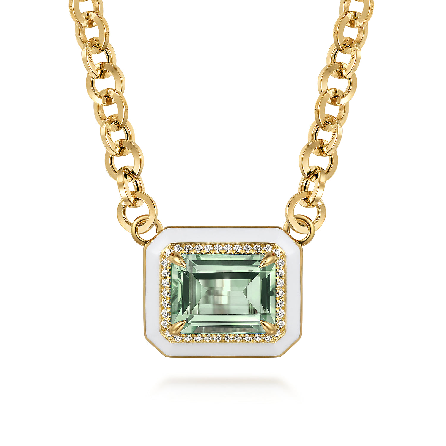 Diamond and Green Amethyst Necklace With Flower Pattern J-Back and White Enamel in 14K Yellow Gold