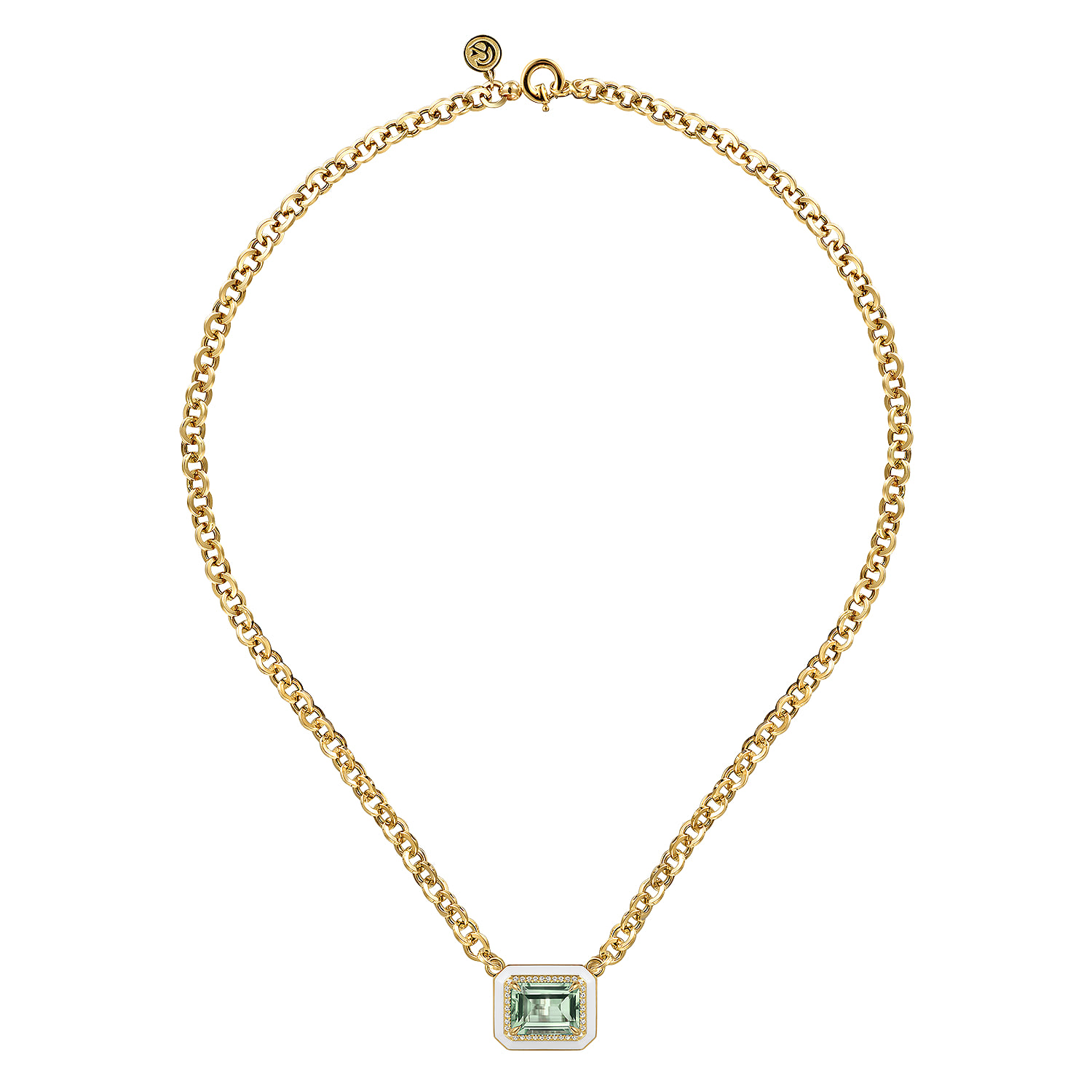 Diamond and Green Amethyst Necklace With Flower Pattern J-Back and White Enamel in 14K Yellow Gold, photograph 2