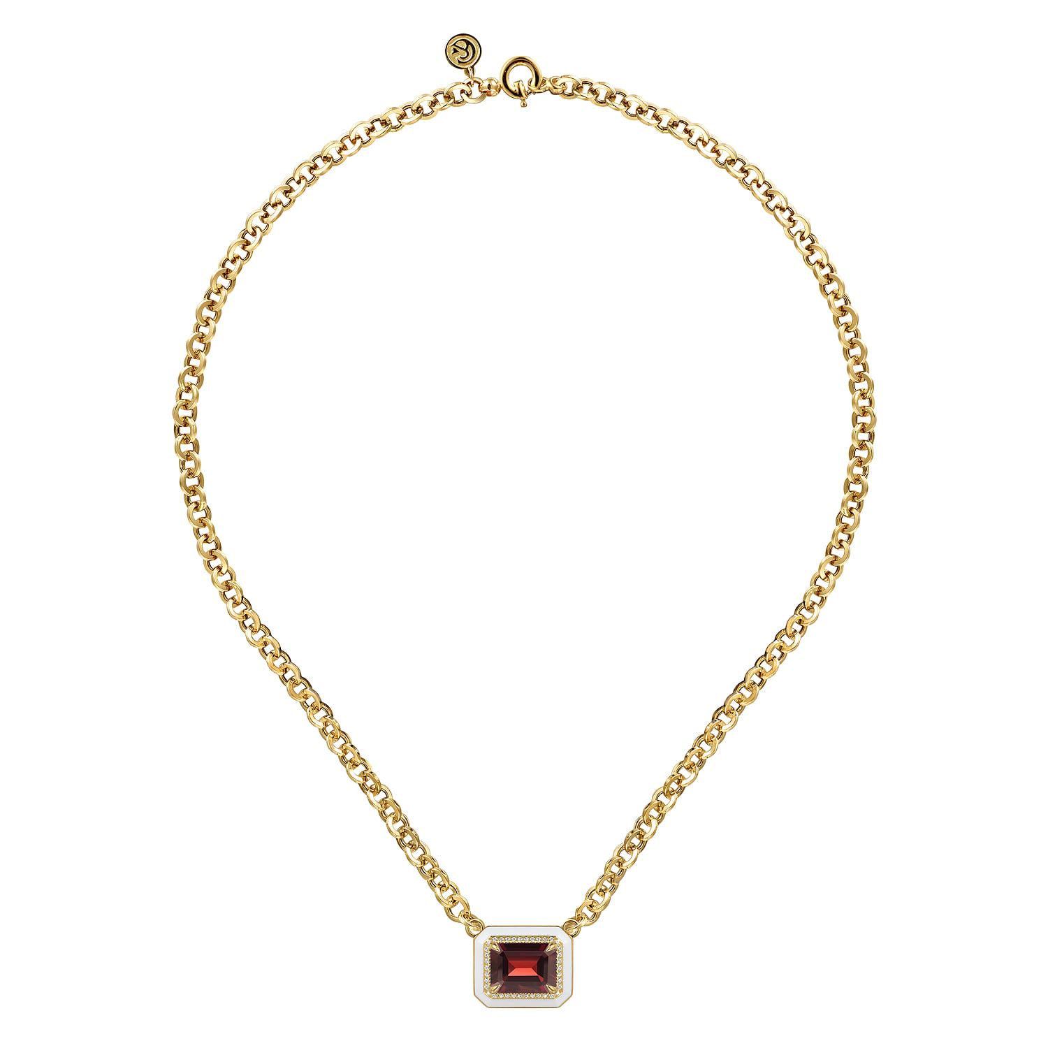 Diamond and Garnet Necklace With Flower Pattern J-Back and White Enamel in 14K Yellow Gold, photograph 2