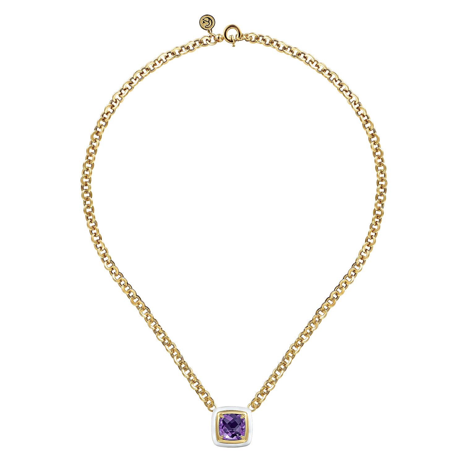 Amethyst Necklace With Flower Pattern J-Back and White Enamel in 14K Yellow Gold, photograph 2
