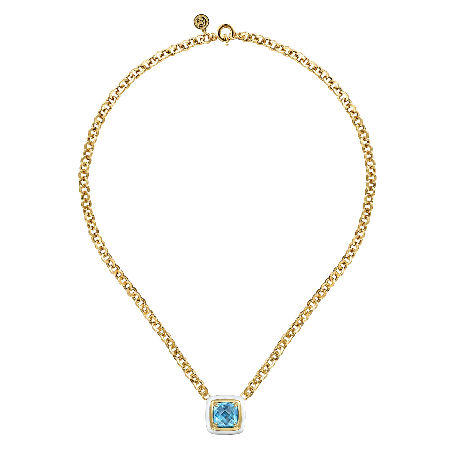 Blue Topaz Necklace With Flower Pattern J-Back and White Enamel in 14K Yellow Gold, photograph 2