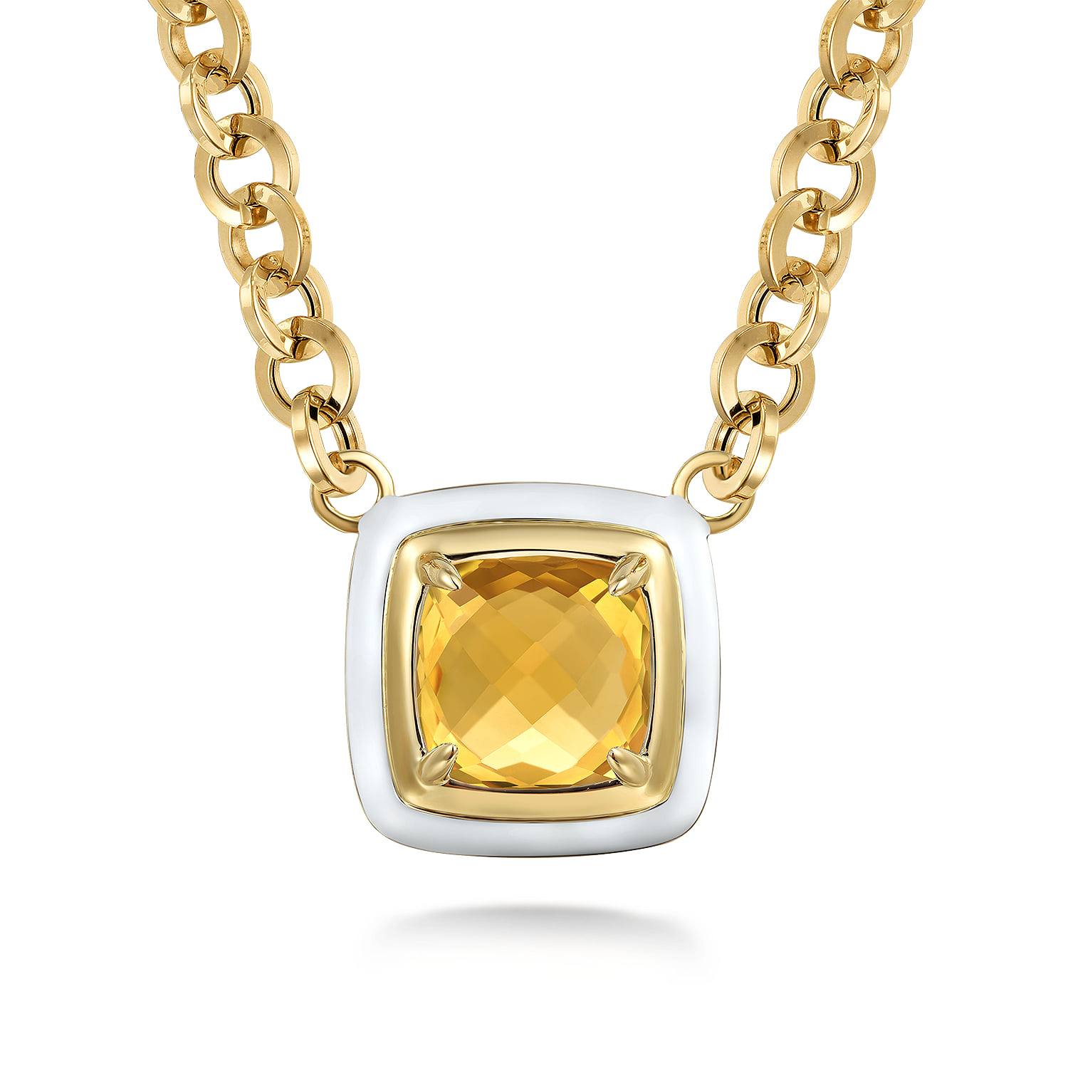 Citrine Necklace With Flower Pattern J-Back and White Enamel