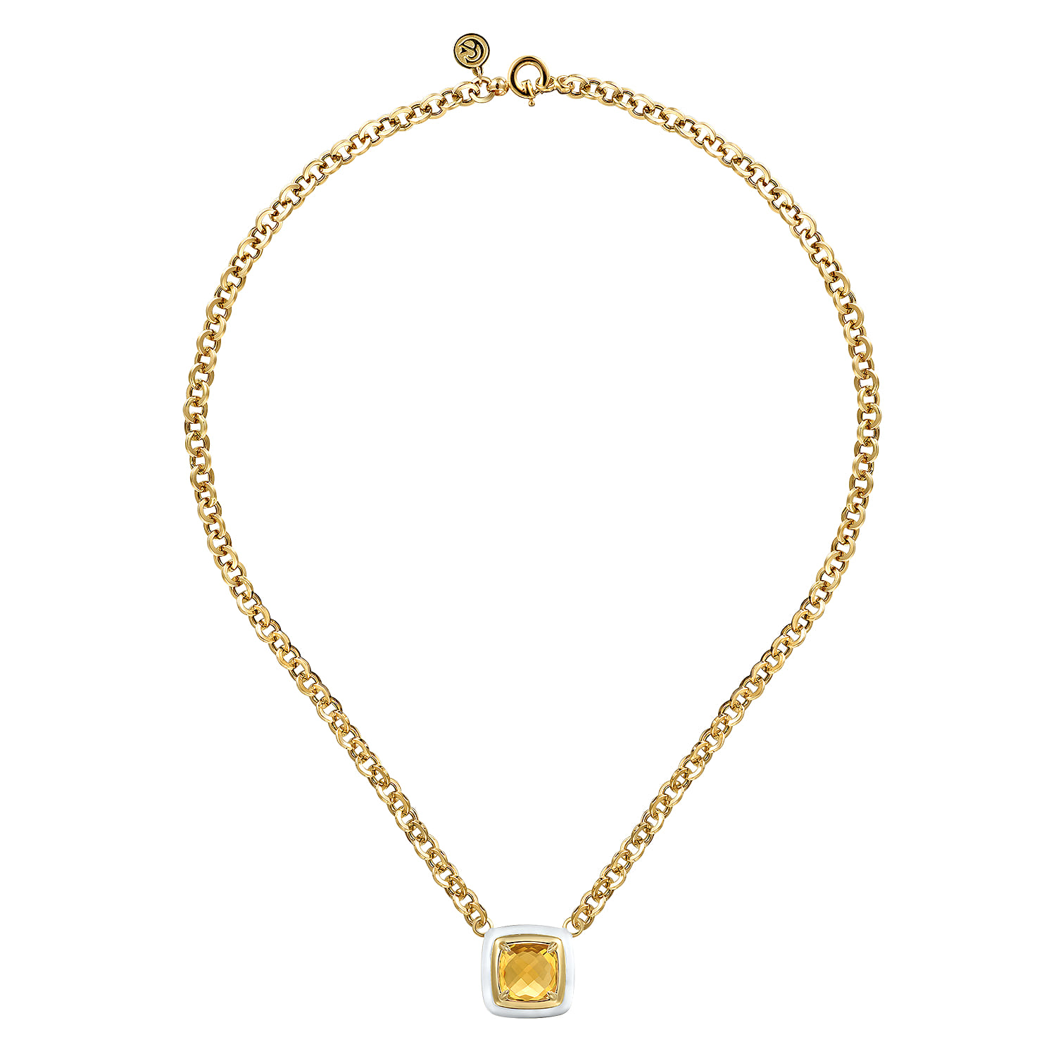 Citrine Necklace With Flower Pattern J-Back and White Enamel in 14K Yellow Gold, photograph 2