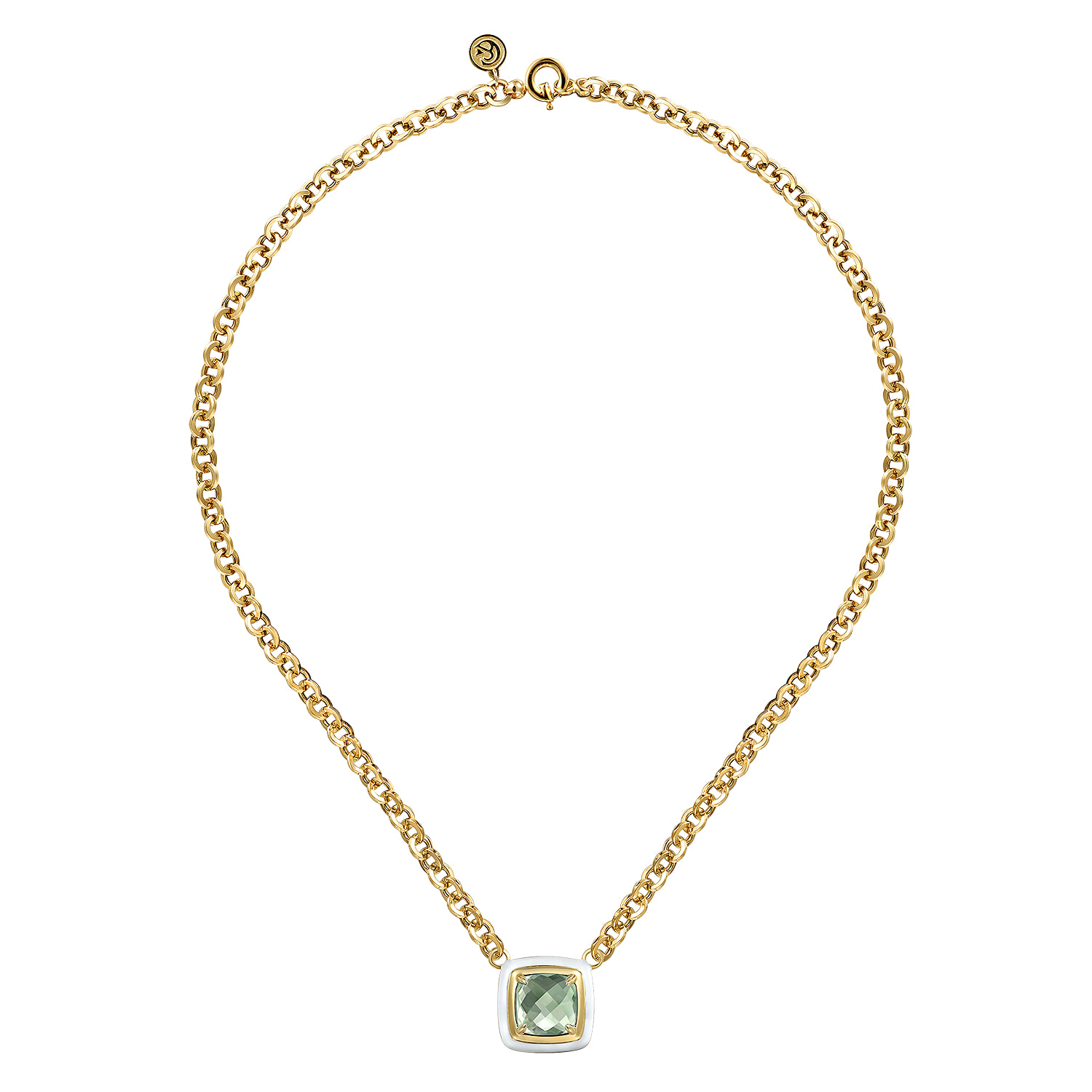 Green Amethyst Necklace With Flower Pattern J-Back and White Enamel in 14K Yellow Gold, photograph 2