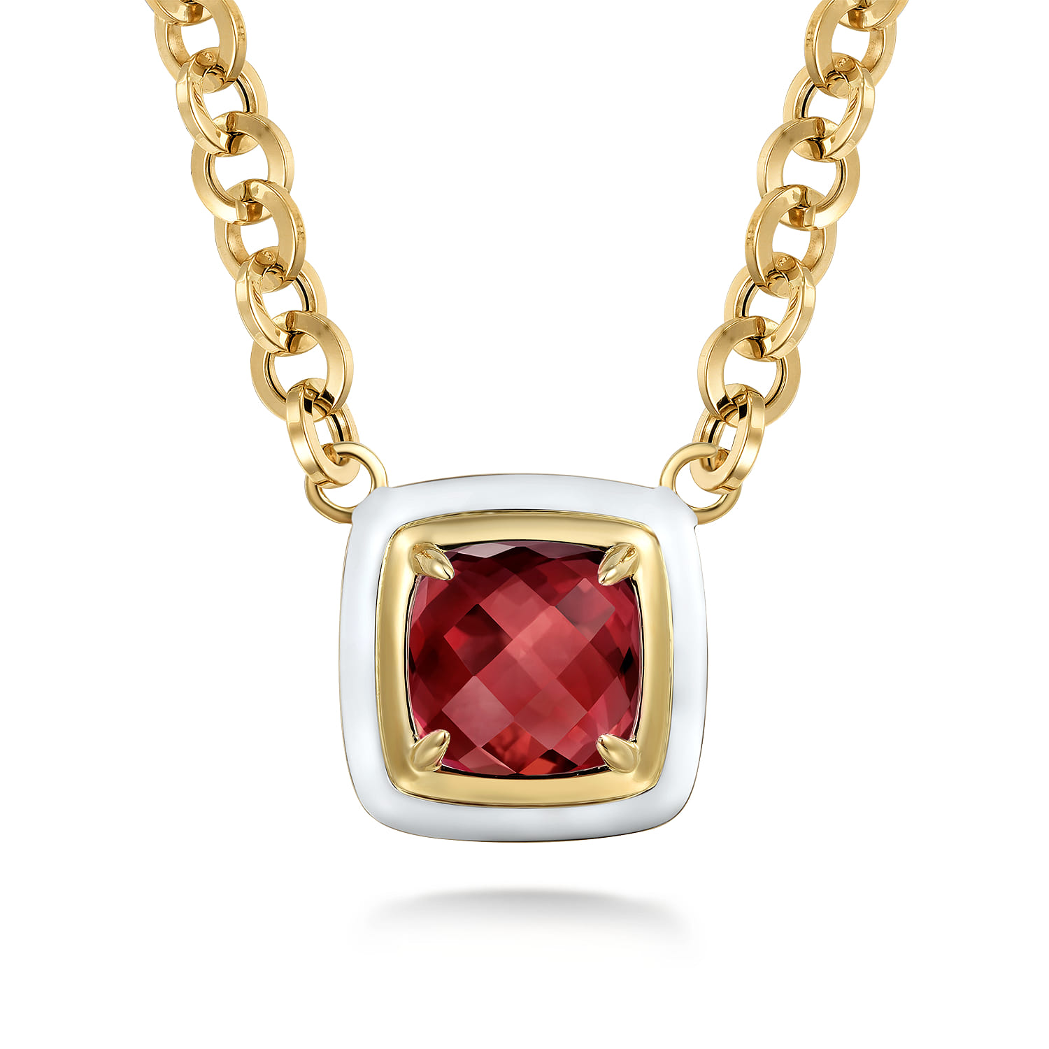 Garnet Necklace With Flower Pattern J-Back and White Enamel in 14K Yellow Gold
