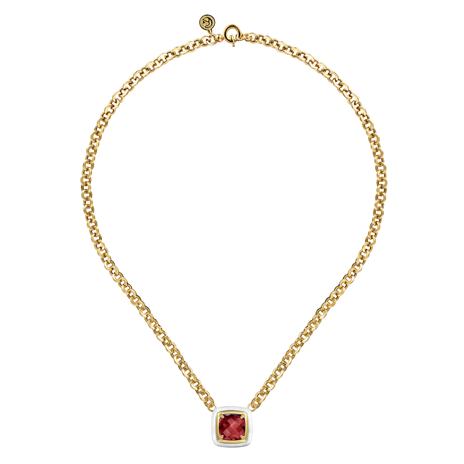 Garnet Necklace With Flower Pattern J-Back and White Enamel in 14K Yellow Gold, photograph 2