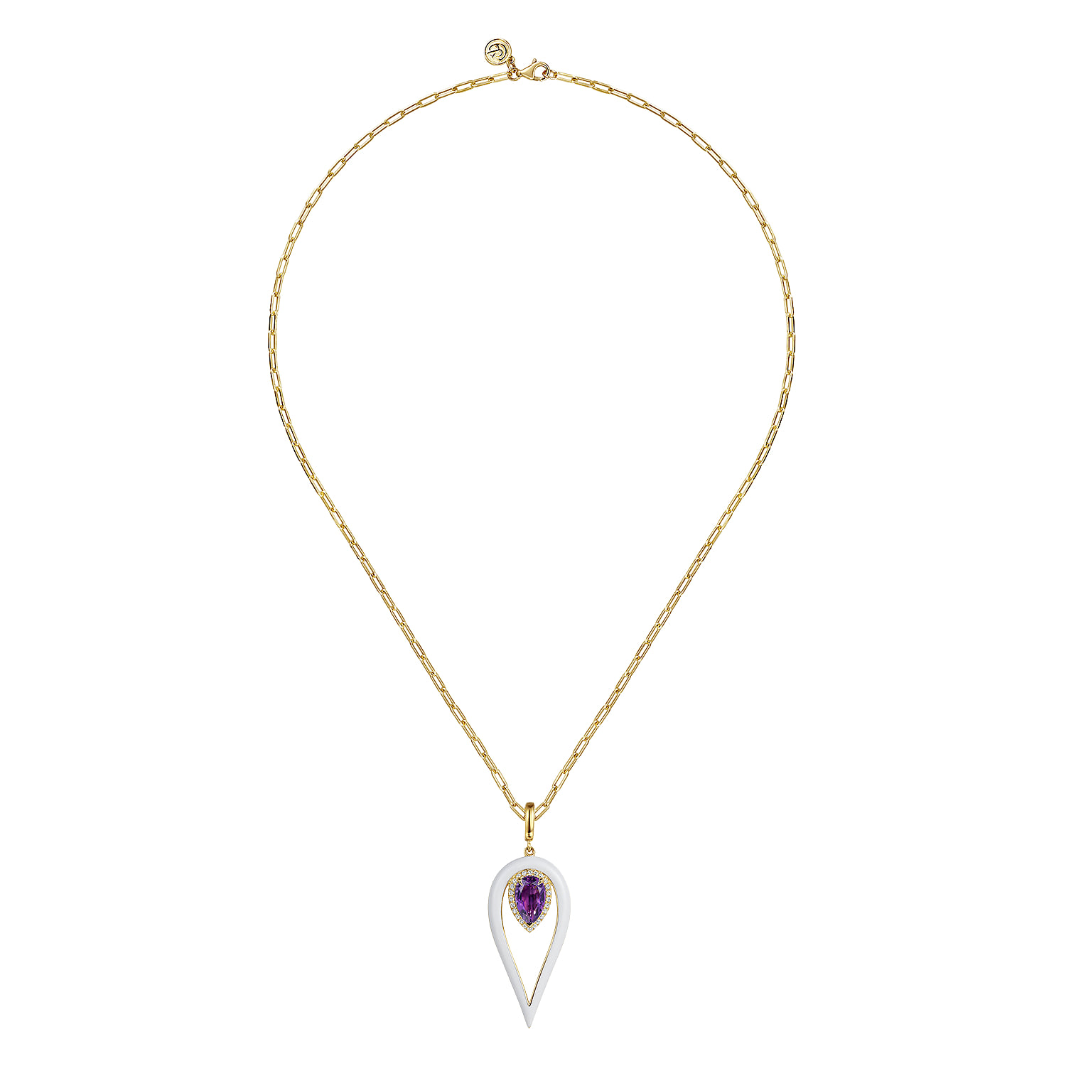 Diamond and Amethyst Long Pear Shape Drop Necklace With White Enamel in 14K Yellow Gold, photograph 2